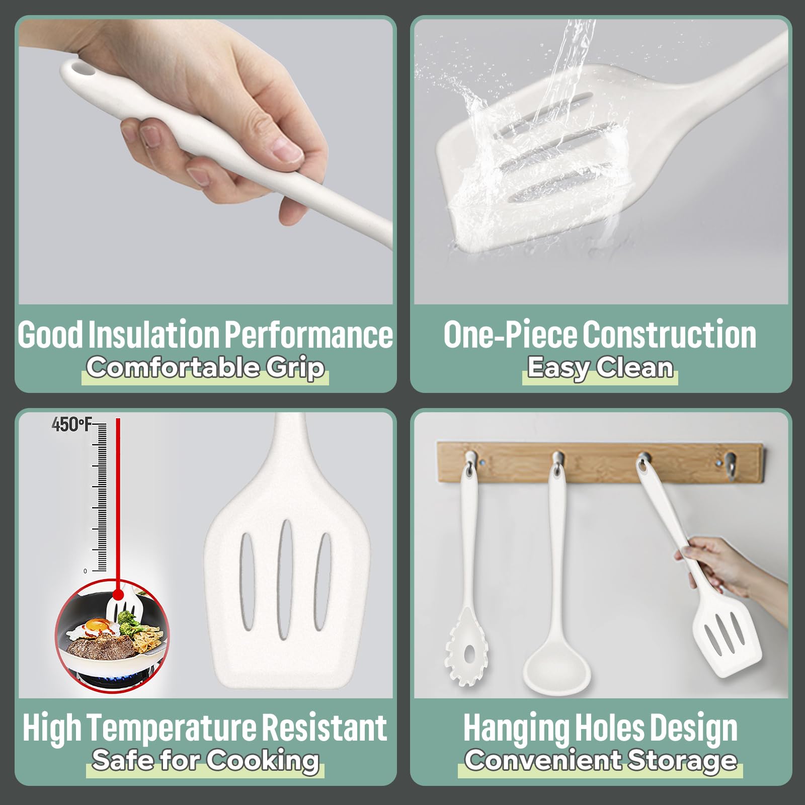 E-far Juego de utensilios de cocina de silicona, juego de 7 piezas de utensilios de cocina resistentes al calor, antiadherentes, espátula, cucharón, cucharón, servidor de pasta para utensilios de
