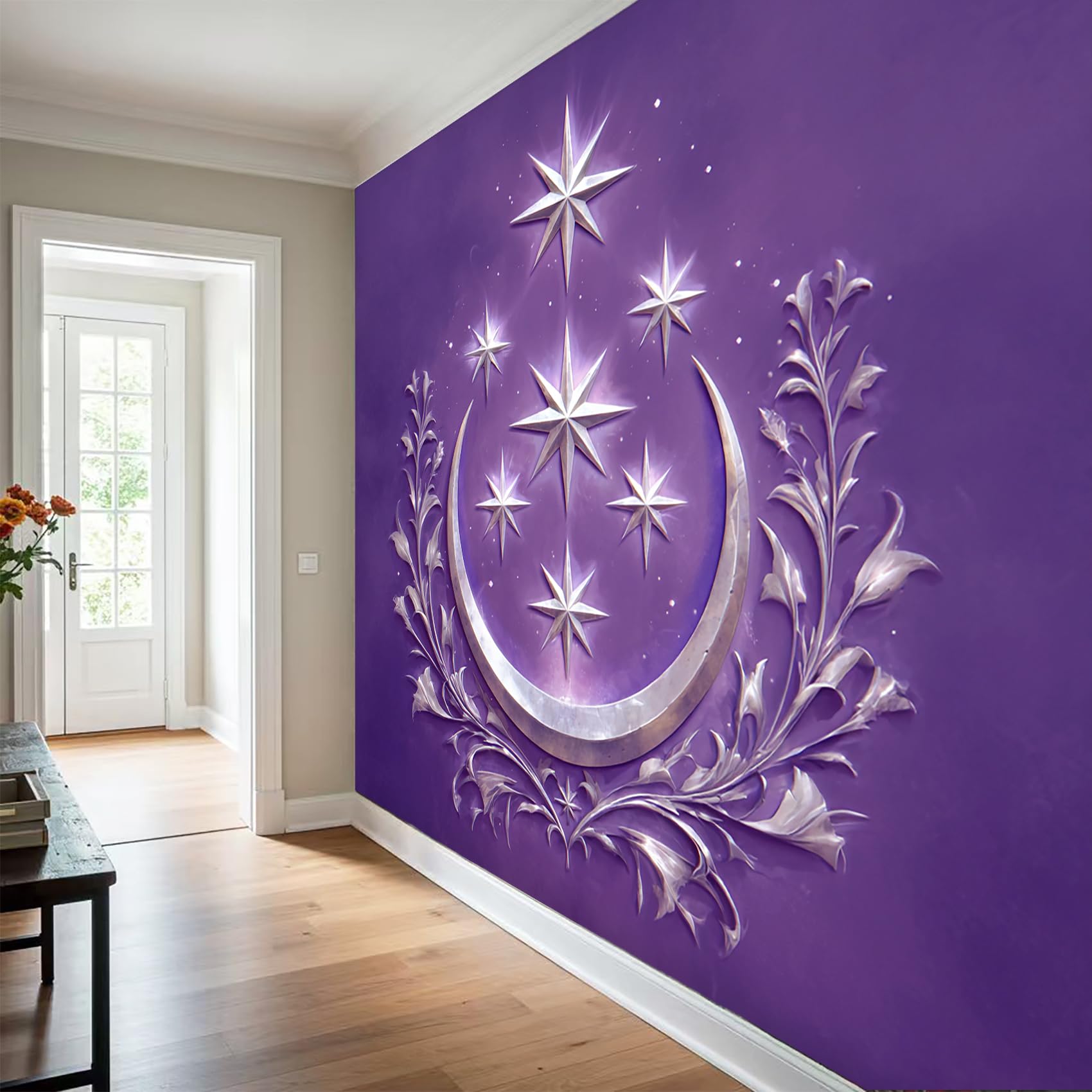 Générique Papier Peint Panoramique Lune Etoile Chambre Salon Cuisine Intissé, Papier Peint Motif Argent Violet, Deco Murale Lune Etoile, 500 x 350 cm (Largeur x Hauteur), GG3239