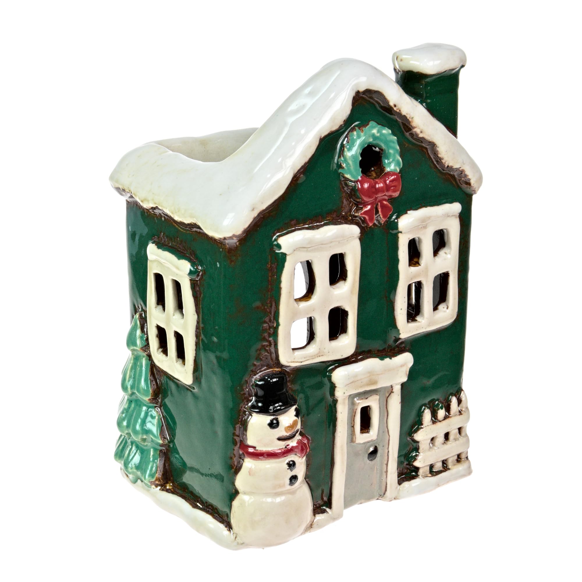 Fyne-Finds Green Ceramic Christmas Wax Melt House Holder Cottage Village Scene Snow Man Ornament Xmas Festive Decor Gift