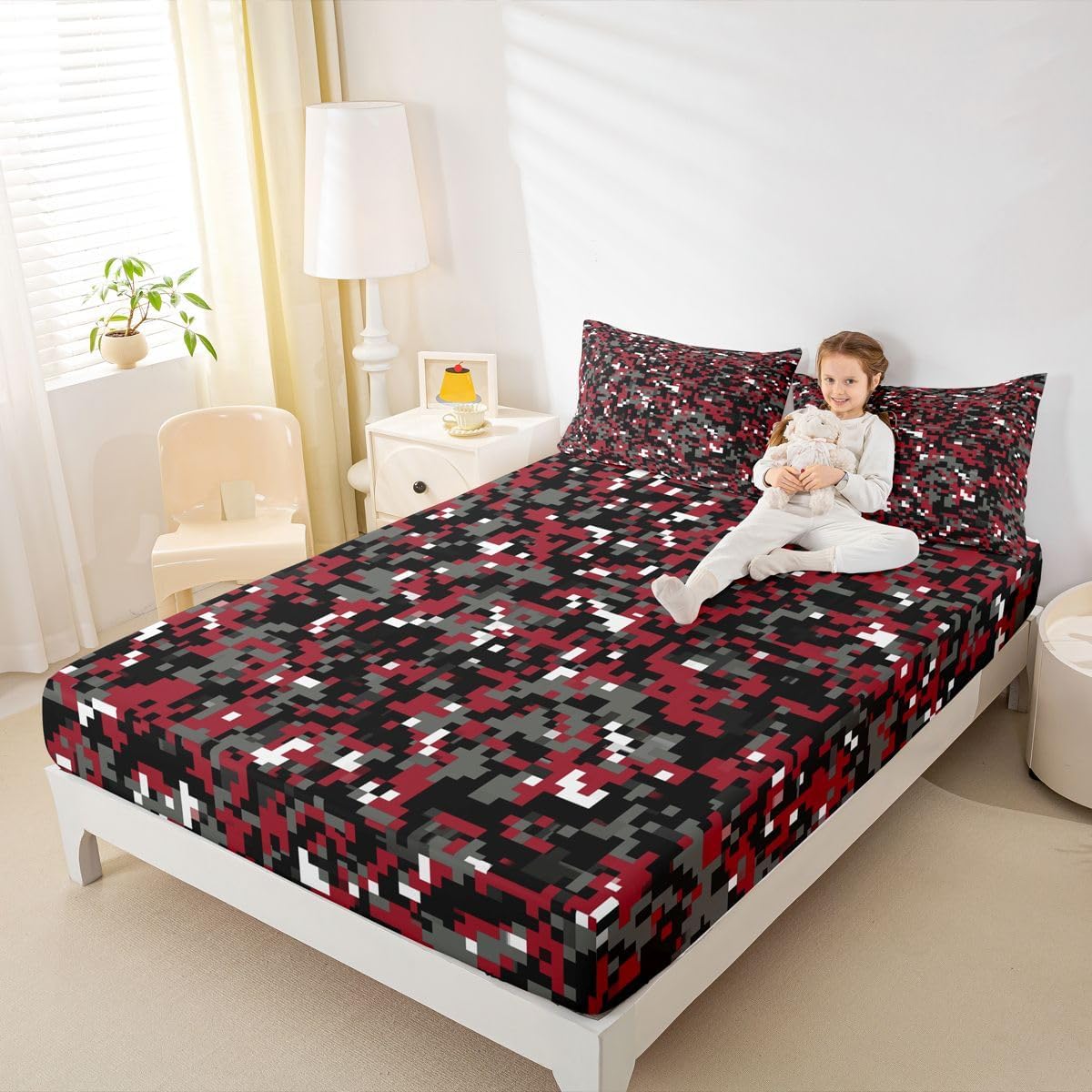 Black Red Camouflage Bed Sheet Set Twin Size,Geometric Plaid Camo Bedding Set 2pcs for Kids Men Boys Room Decor,Adult Army Lovers Grey Fitted Sheet Modern Microfiber Bed Cover,1 Pillowcase