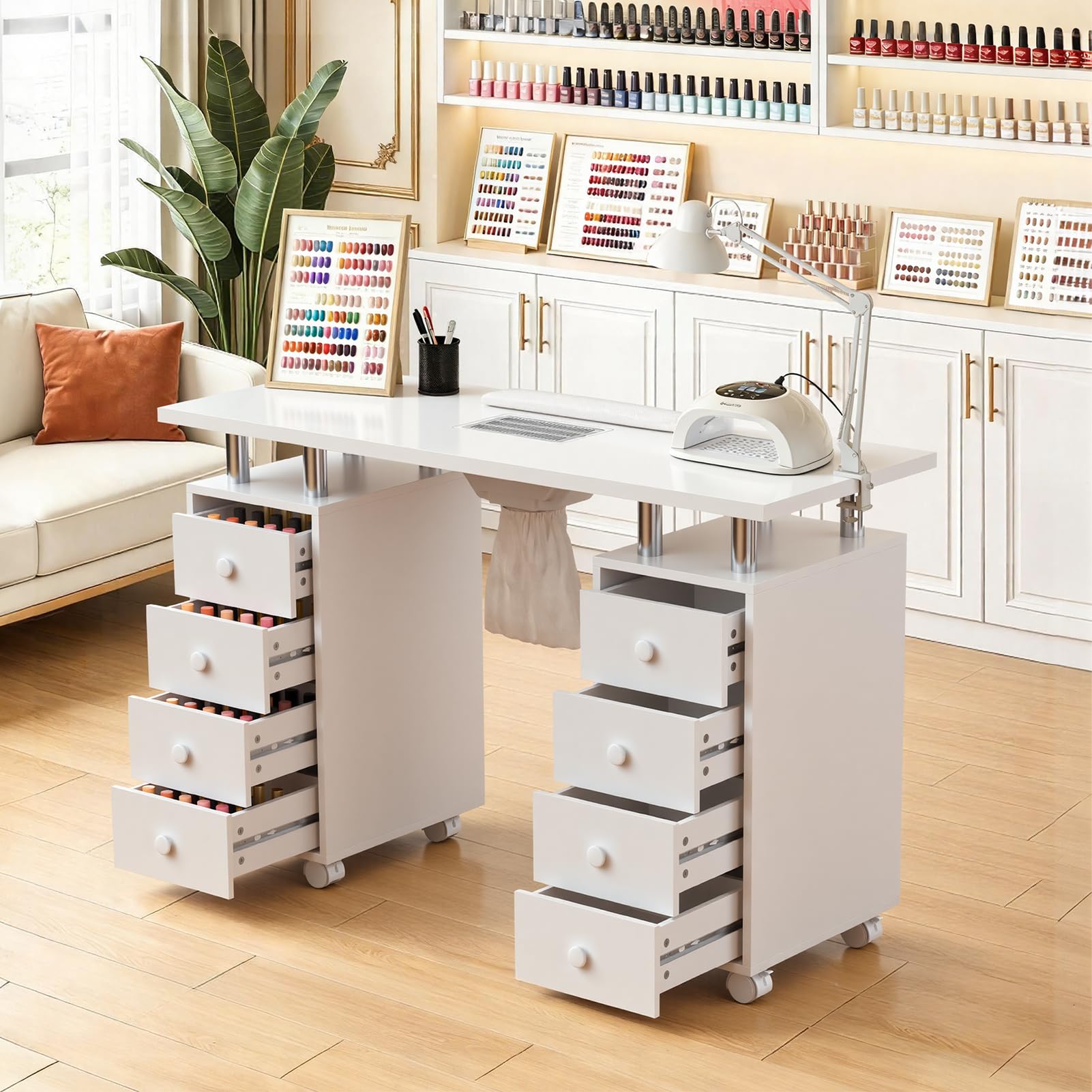– Warmiehomy Professional Nail Table 8 Drawers Nail Art Manicure Table Beauty Salon Workstation Storage Drawers Nail Desk W/Built-in Nail Dust Collection, White,119x45x78cm