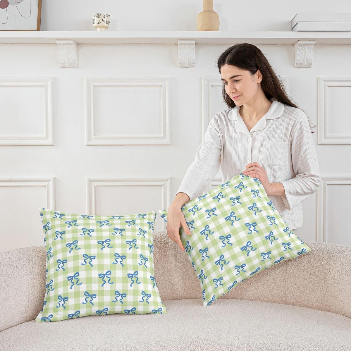 Homewish Blue Bowknot Throw Pillow Cover Green Gingham Striped Cushion Cover for Kids Teens Adults Cartoon Bow Ribbon Retro Style Cushion Case for Chairs Bed 16x16 Inch image 3