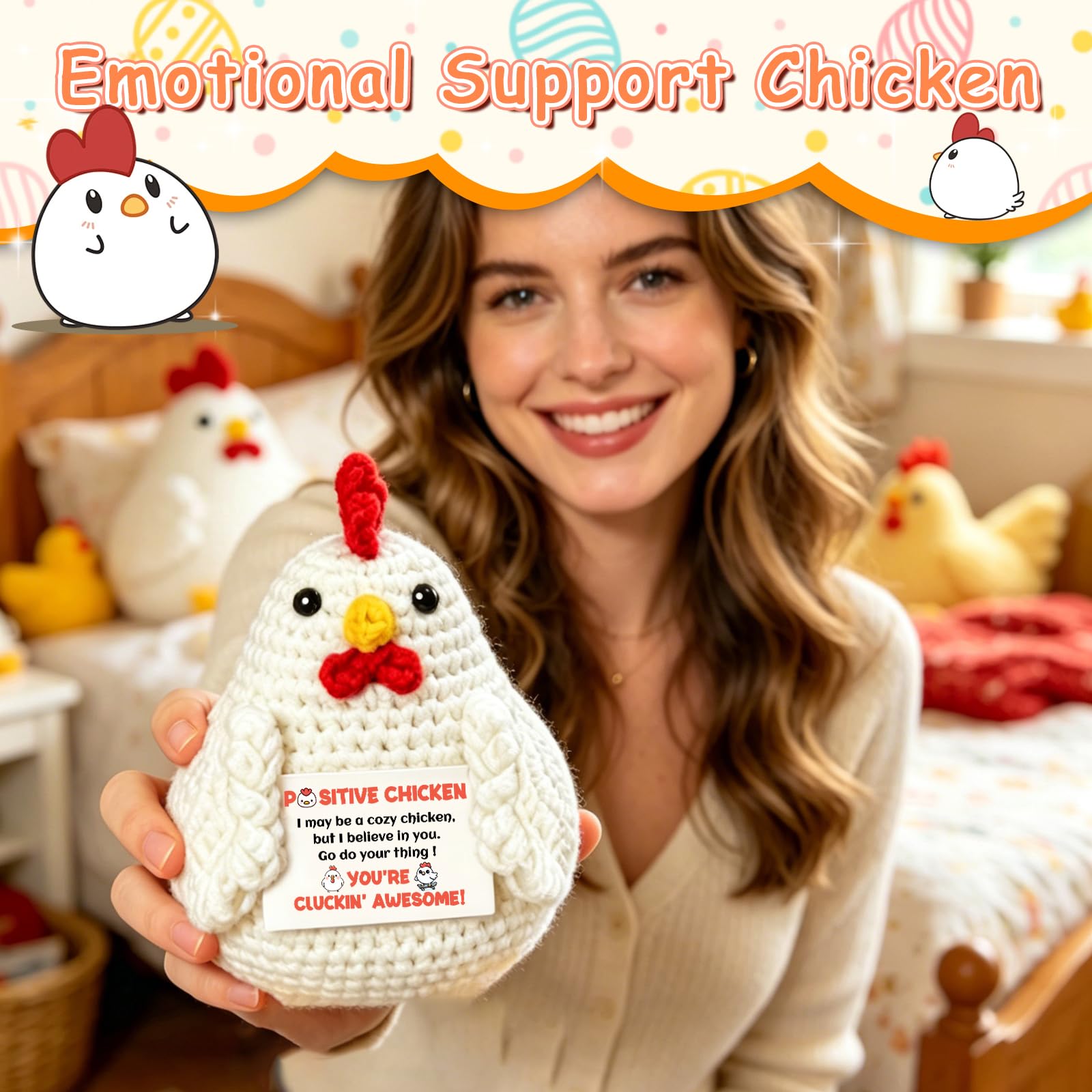 Chicken Gifts for Women, Emotional Support Crochet Chicken with Positive Card, Funny Chickens Lover Gifts, Chicken Stuffed Animal for Chicken Moms Friends Coworkers
