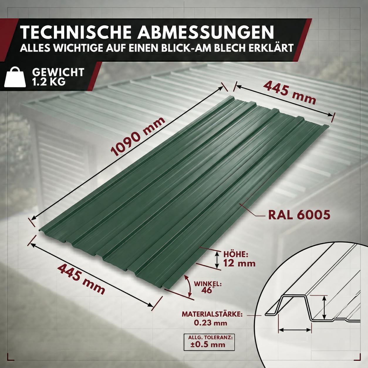 Chapa trapezoidal para tejado, juego de 12 unidades, color verde RAL 6005, 1090 x 445 mm, galvanizado, chapa perfilada para cobertizos de jardín, cobertizos y cobertizos