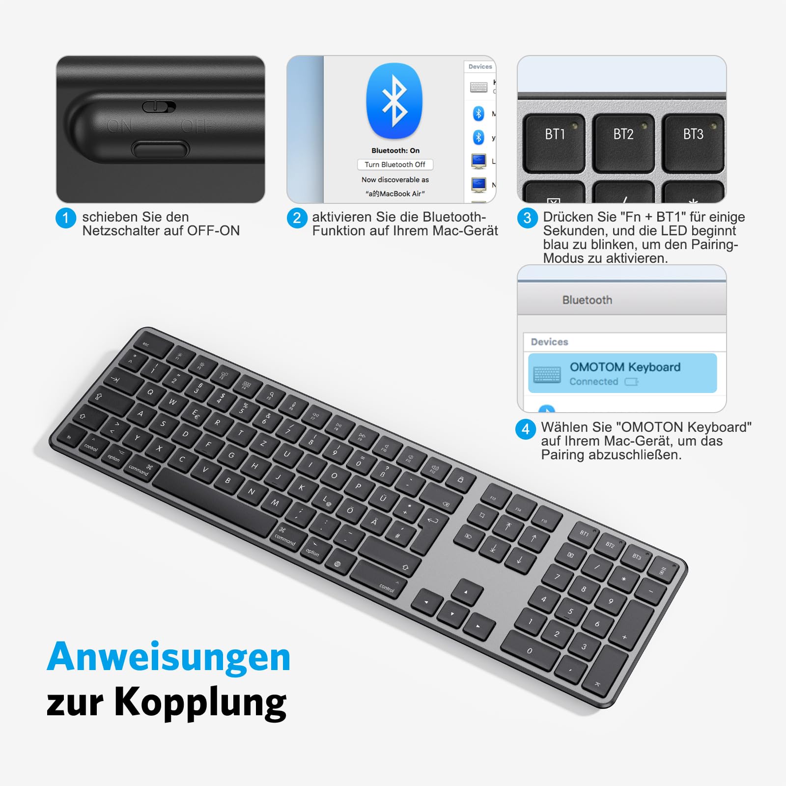 OMOTON Tastiera Bluetooth per Mac, Wireless Ricaricabile, 3 Canali Bluetooth, Compatibile con MacBook/iMac/Mac Pro, Italiano QWERTY Layout