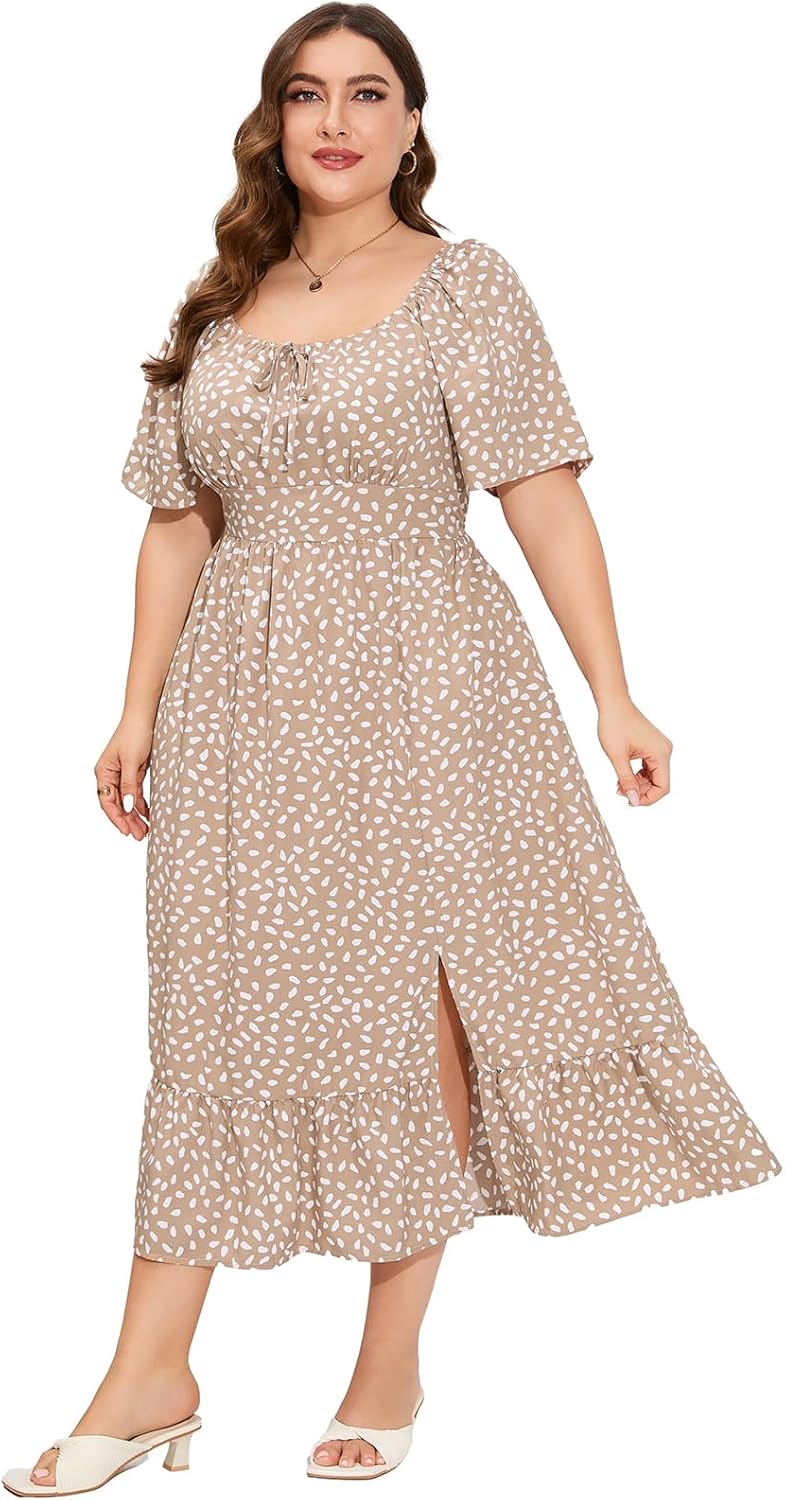 ShopWonder Womens Plus Size Square Neck Floral Print Summer Dress Ruffle Short Sleeve Tie Front Slit Hem Boho Maxi Dress