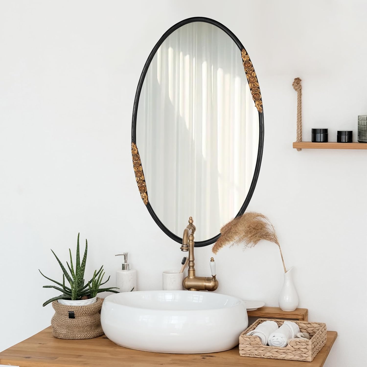 Oval Solid Wood Mirror 39x23 Inch, Black Oak Frame, Large Wall Mounted Wooden Makeup Mirror for Bedroom, Living Room, Bathroom(Black, 39" x 23")