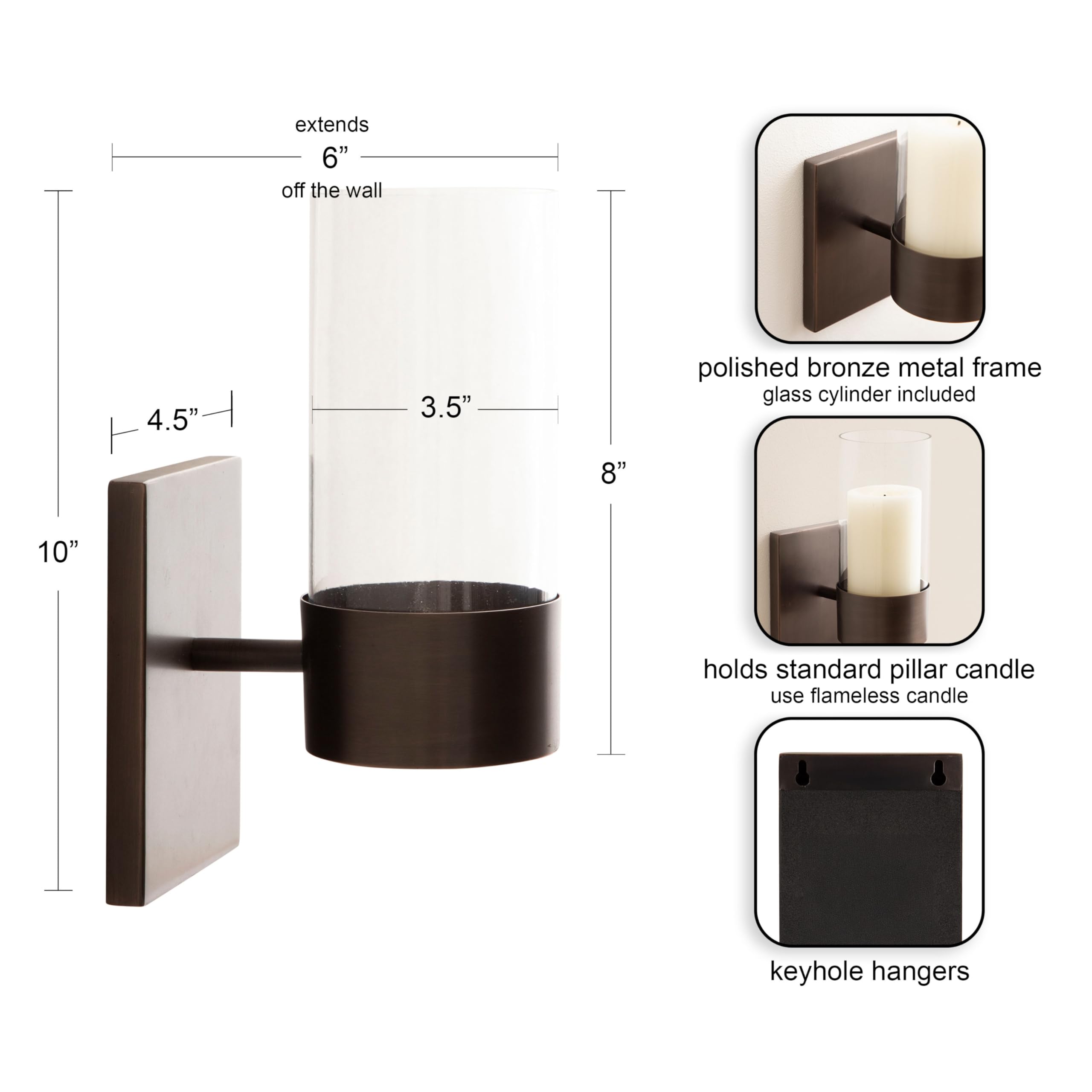 Kate and Laurel Zabler Modern Metal Wall Sconce, 5 x 6 x 10, Bronze, Round Candle Holder with Removable Glass Cylinder for Flameless Candle Display in Bedroom or Bathroom