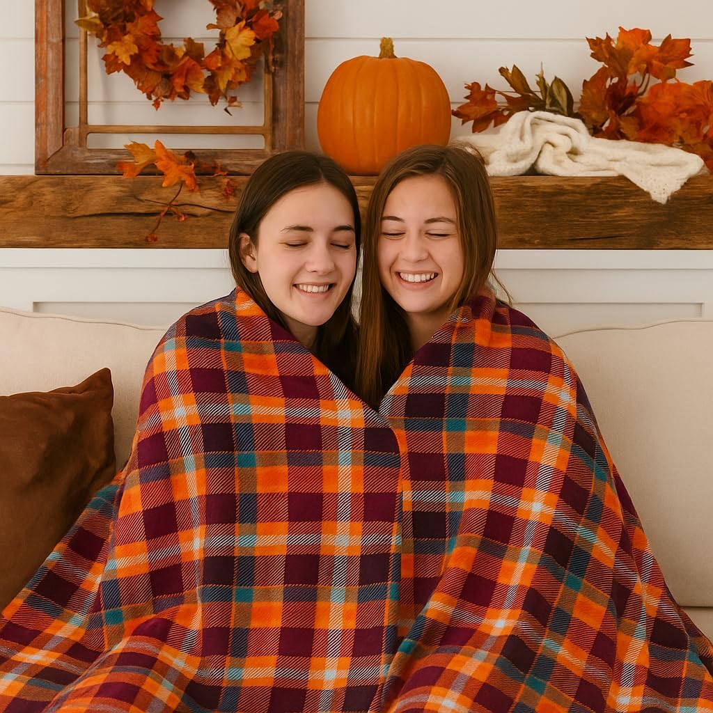 Winter Plaid Fleece Throw Blanket: Soft Plush Flannel Accent for Bed or Couch Orange, Teal Burgundy 50 x 70 inches - Image 2