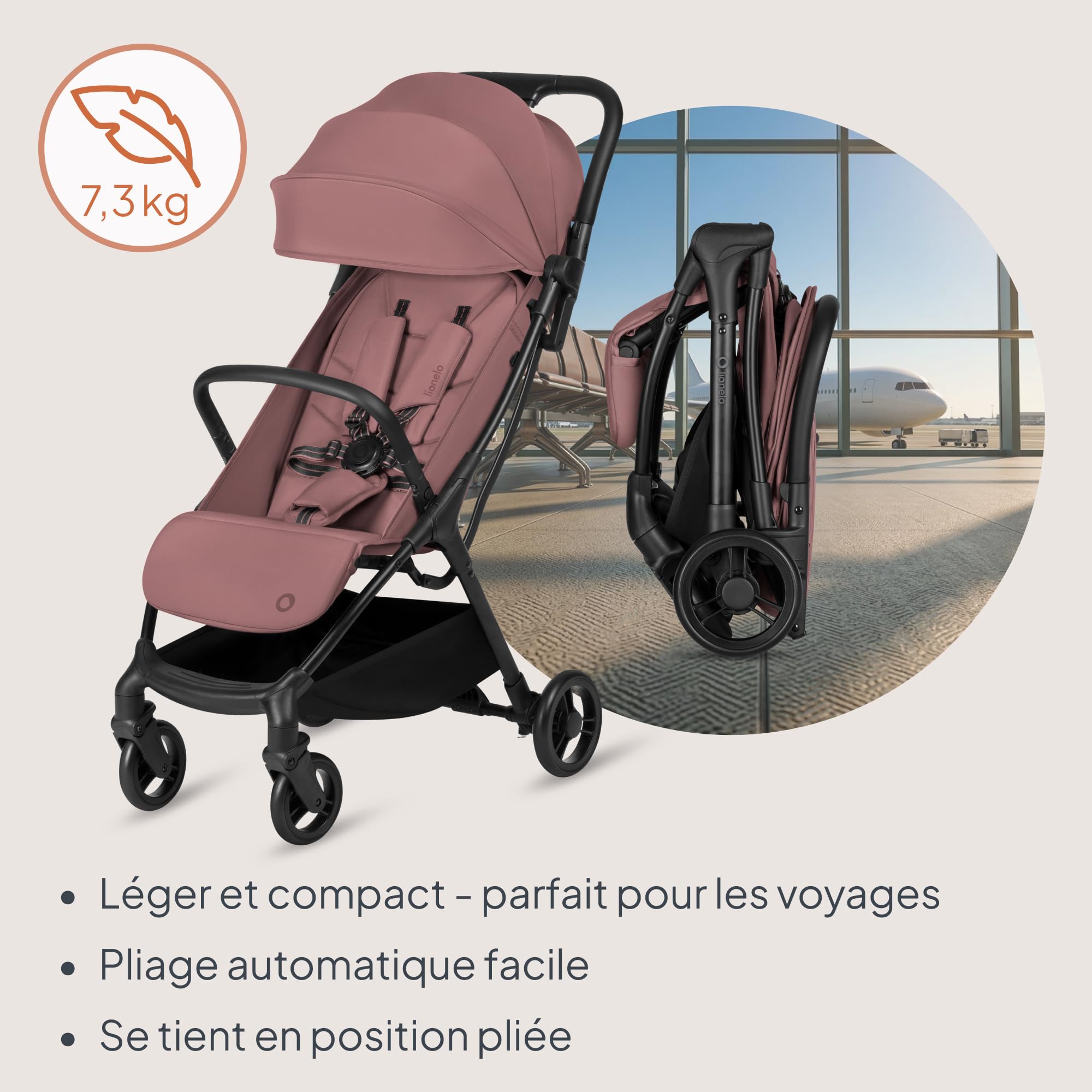 Lionelo Agia Poussette de voyage jusqu'à 22 kg, légère à partir de 6 mois, petite poussette pliable avec pliage automatique et d'une seule main, fonction repos, grand siège, suspension, grand panier