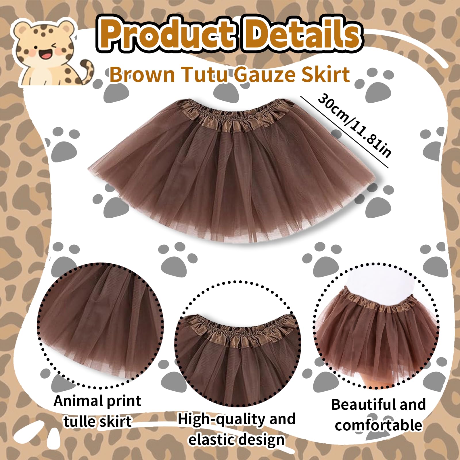 7 Pcs Leopard Costume Set, Animal Costume with Leopard Face Sticker Headband Bow Tie Nose Tutu Skirt Gloves Tail - Image 3