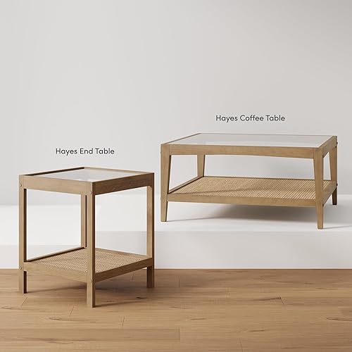 Miniatura 27 de Nathan James Asher Mid-Century - Mesa auxiliar rectangular, parte superior de cristal, estante de almacenamiento de roble rústico con patas de metal