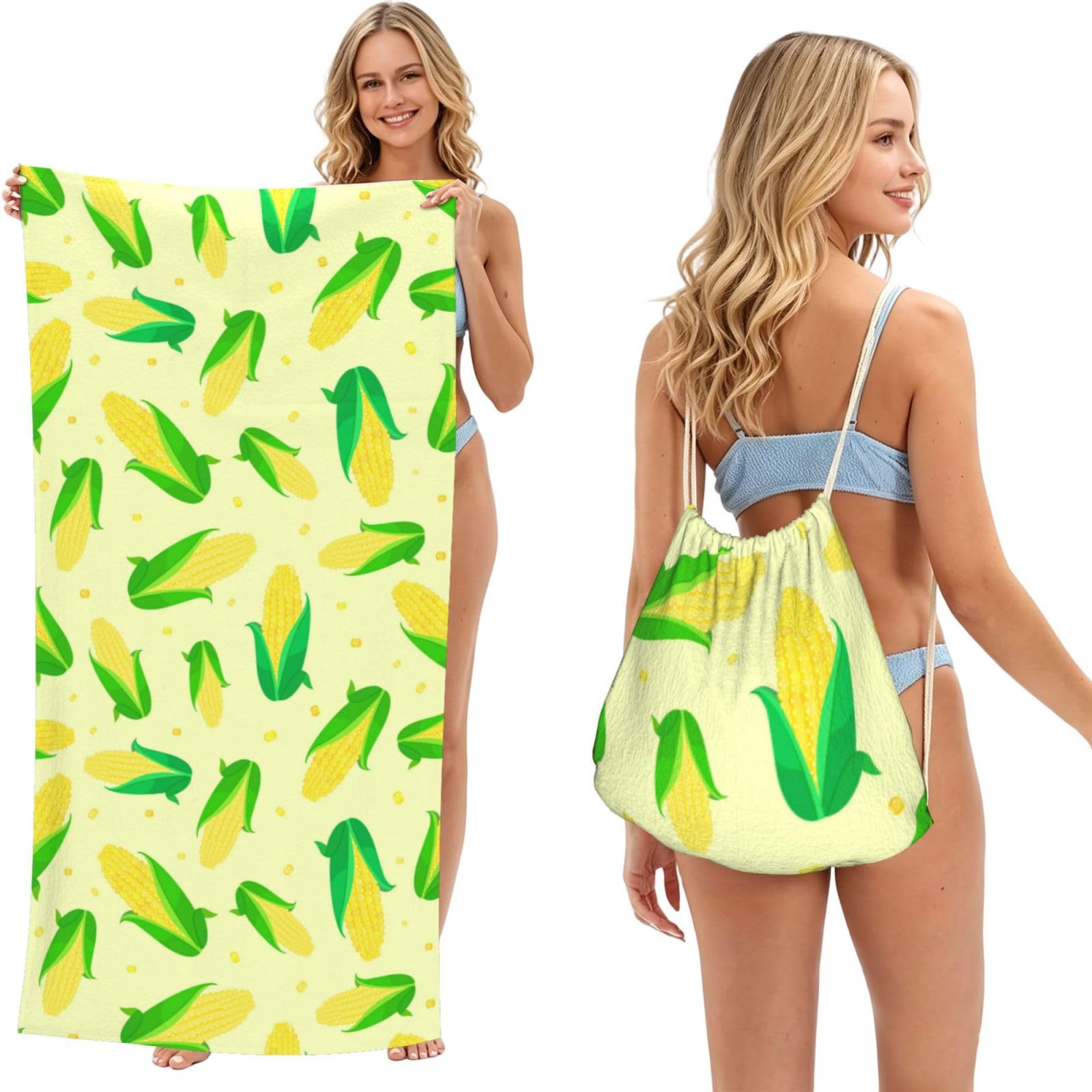 Poadnly As Picture Green Delicious Corn, 2 In 1 Packable Towel Bag, Beach Towels With Drawstring Backpack For Travel Holiday Camping