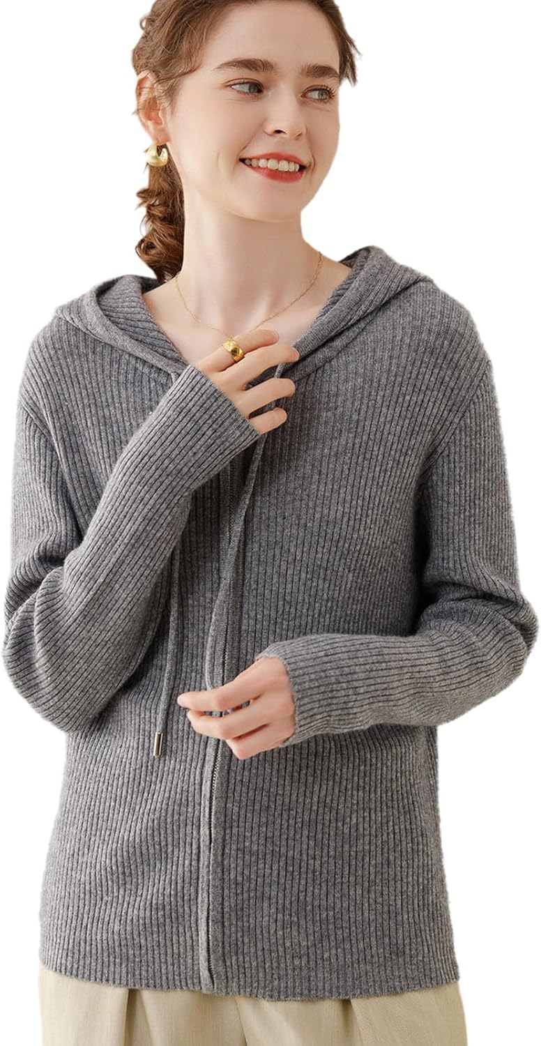 Women's Cashmere Blend Merino Wool Cardigan Full Zip Open Front Drawstring Hoodie Sweater Long Sleeve Lightweight