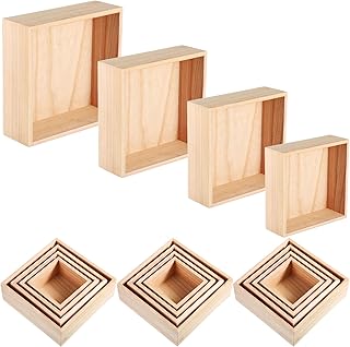 Yookeer 16 Pcs Unfinished Wooden Boxes 4 Size Wood Box Rustic Wooden for Crafts Wood Crates Square Storage Centerpiece for Table Home Drawer Decor Treasure, 4 x 4, 5 x 5, 6 x 6, 7 x 7 Inch