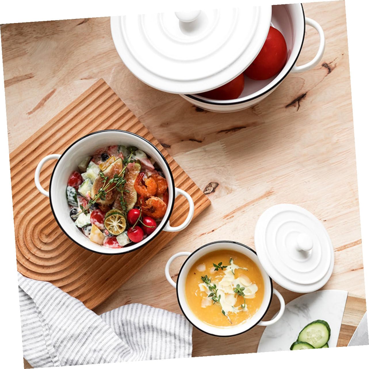 Bol Cerámico Doble Asa con Tapa Cuenco Desayuno para Sopa Arroz Ramen Ensalada y Postre Vajilla Resistente y Segura para Uso Diario