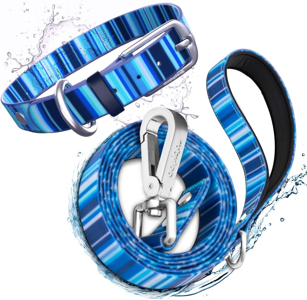 Blue Ocean Waterproof Dog Collar & Leash Set – Large Collar (1" Wide) & 6ft Leash, Washable, Odor–Proof, Dirt–Resistant, Rust–Resistant Hardware