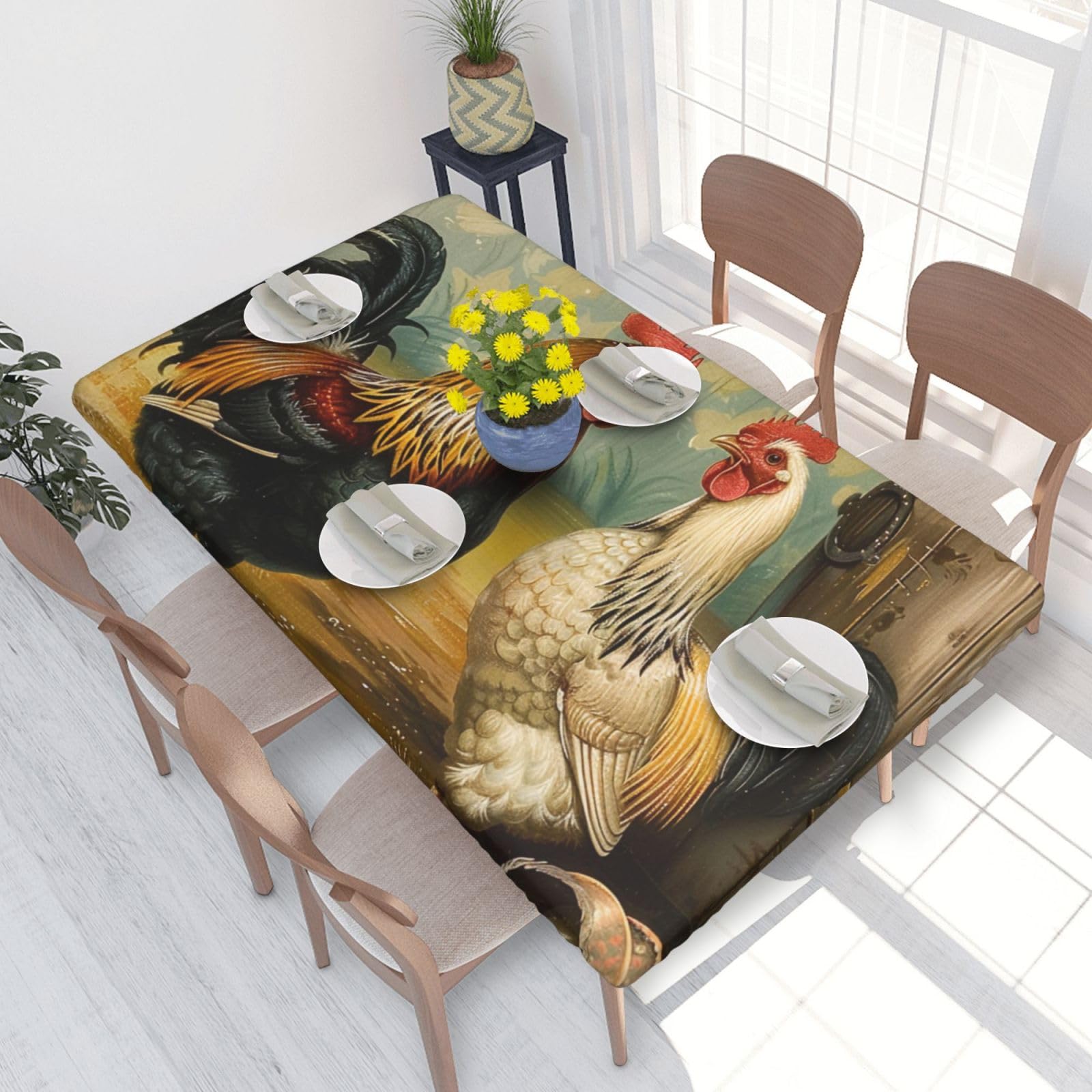 WPKJU Chicken and Rooster Print Printed Tablecloths 4ft Rectangular Table Covers Washable Polyester Decorative Table Cloth for Dining Table Picnic Wedding