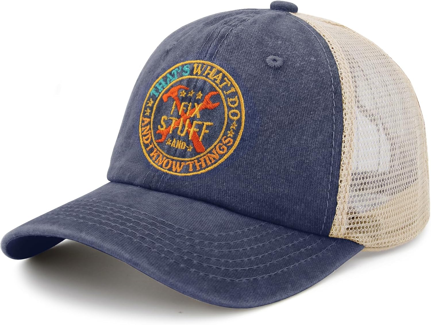 Embroidered That's What I Do I Fix Stuff & I Know Things Vintage Cotton Washed Soft Mesh Baseball Hat - Image 2