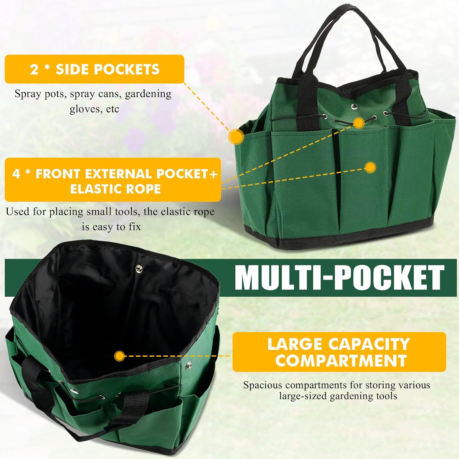 INVODA Tool Tote Bag Garden Tool Bag With 8 Pockets Large Capacity Oxford Cloth Multi-Purpose Tool Organizer Tote for Gardening Carpentry Wrench Pottery Tools