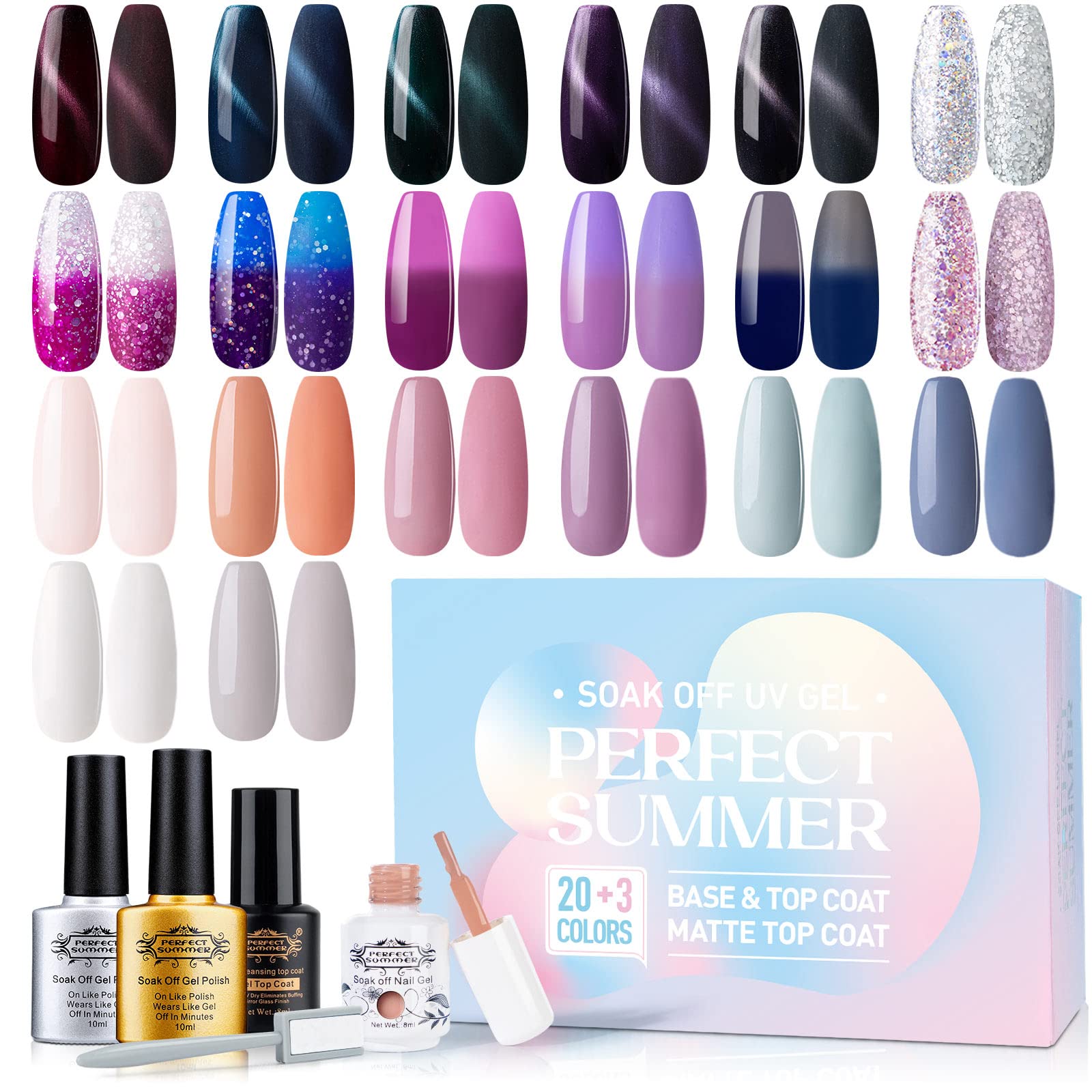 Perfect Summer 20Pcs Gel Nail Polish Set - with Glossy & Matte Top Base Coat and Magnetic Stick, Soak Off Nail Lamp Art Manicure Varnish Cat Eye Color Changing Glitter White Nude Grey Gel Polish Kit