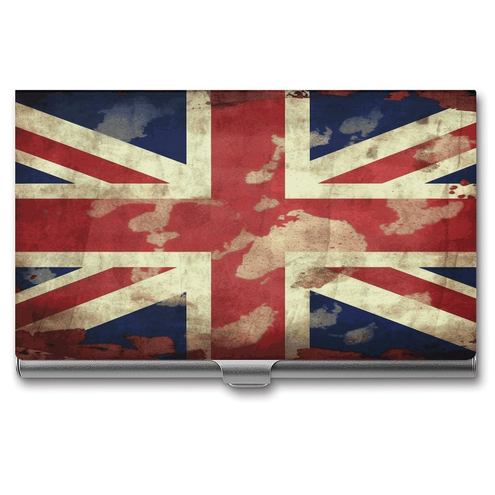 LDGSUPH Vintage Union Jack British Flag Business Card Holder Fashion Slim Name Card Holder Minimalist Design Case Metal Card Carrier Personalized Business Card Case with Flip for Men Women