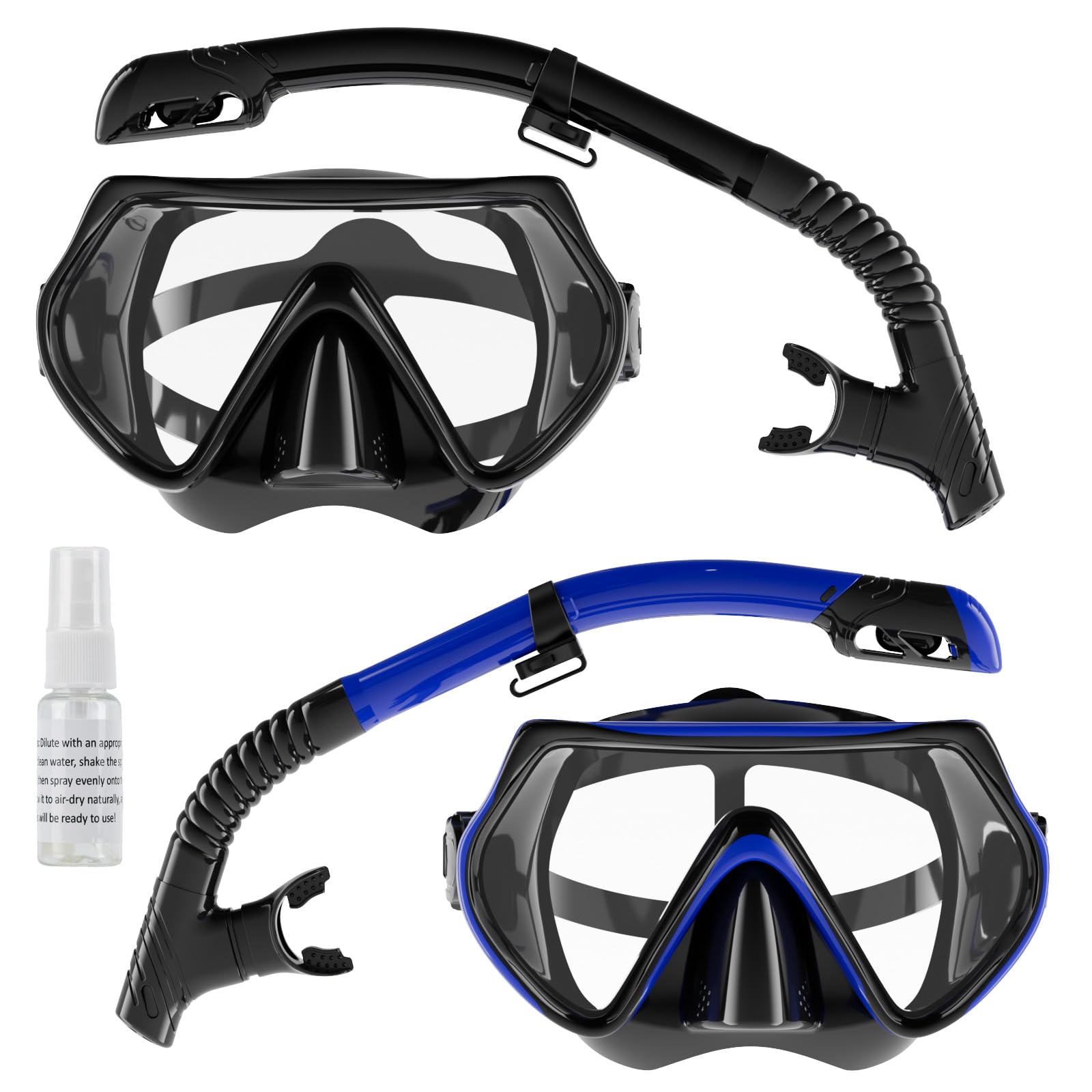 Snorkel Set Adults, Scuba Snorkelling Packages with 180Β° Panoramic Anti-Fog Tempered Glass Snorkel Mask, Leak Proof Dry Top Snorkel for Snorkeling Diving Swimming with Anti Fog SprayοΌBlack+BlueοΌ