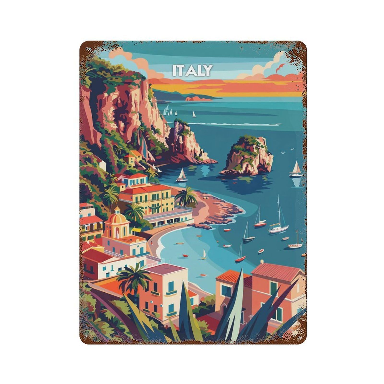 Decorative Tin Sign with Italys Vibrant Coast Design 15.7"x11.8", for Garage, Bar And Workshop Decor, Decorative Metal Wall Art