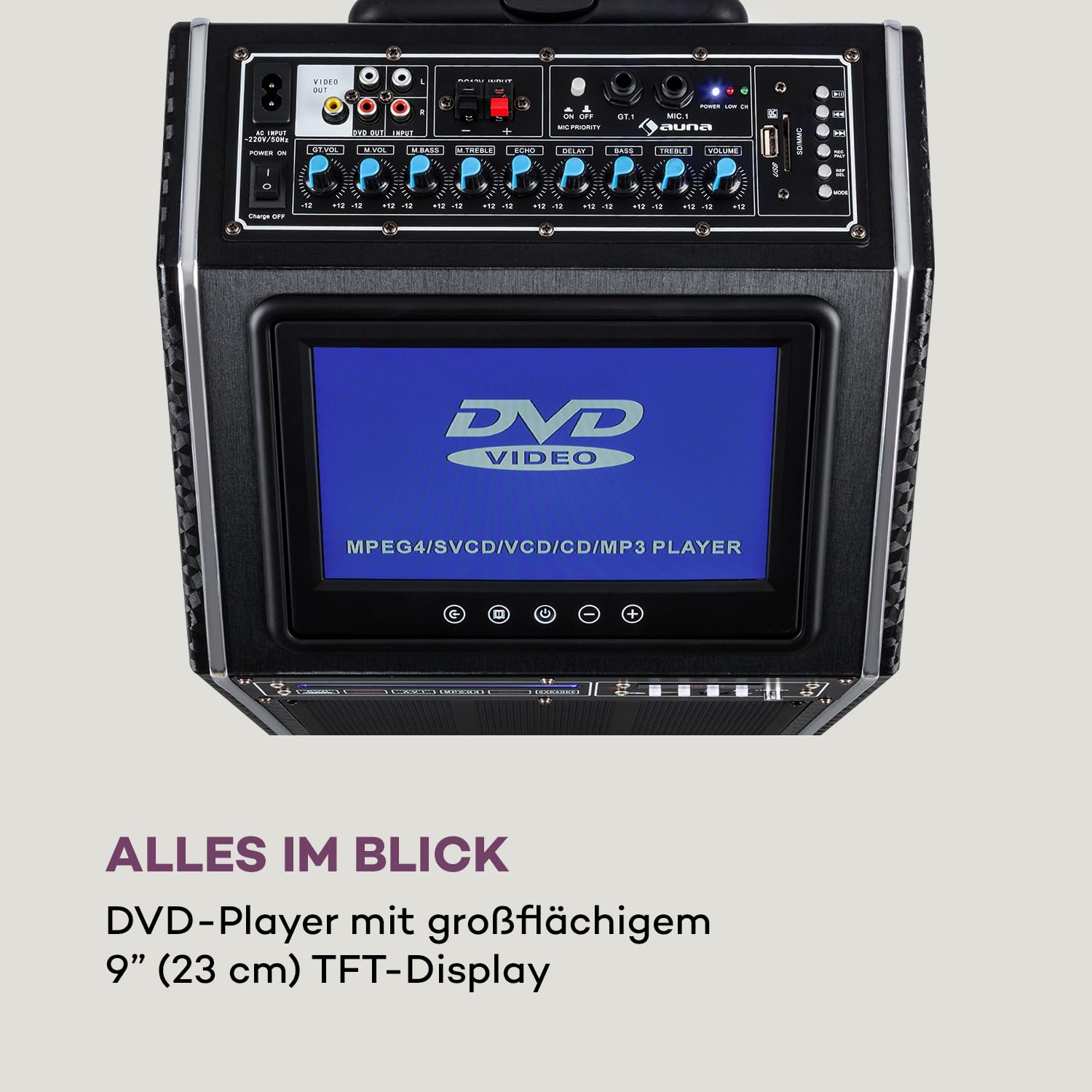 auna Pro DisGo Box 2100 DVD Mobile PA-Anlage, 300 W max., 9" (23 cm) TFT-Display, DVD-Player, 2 x 10 (25,5 cm) Subwoofer, Bluetooth-Funktion, XMR Bass Technology, drahtloses UHF-Mikrofone, anthrazit