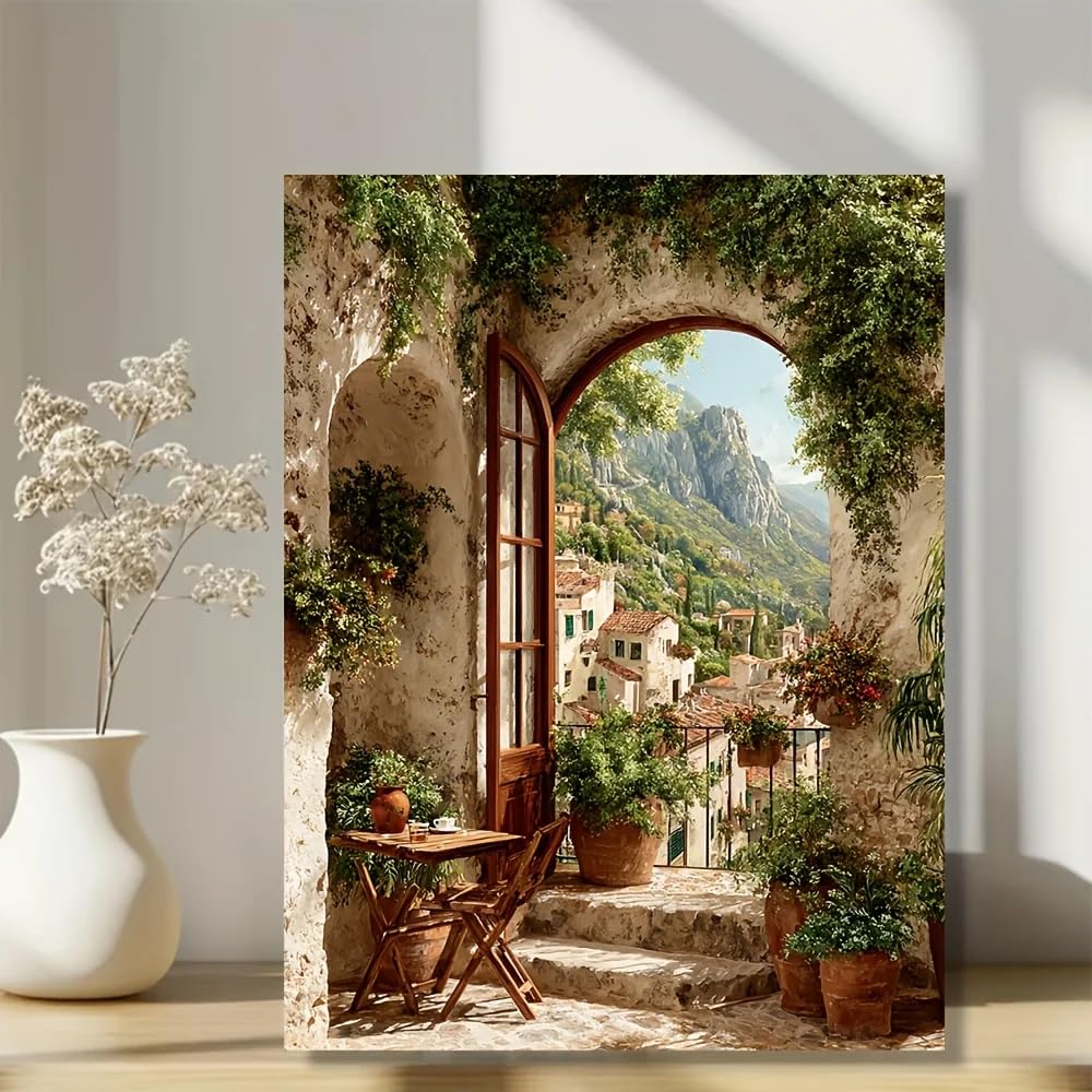 GOSRD Open Window With Rustic View Painting Canvas Print, Village Retro Style Decor(70x100CM/Frameless)