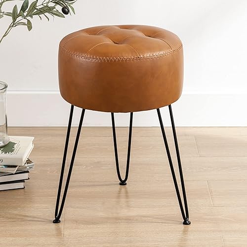 Miniatura 8 de LUE BONA Faux Leather Vanity Stool Chair for Makeup Room, Grey Stool for Vanity, 19 Height, Tufted Small Vanity Chair Stool with Metal Legs, Modern