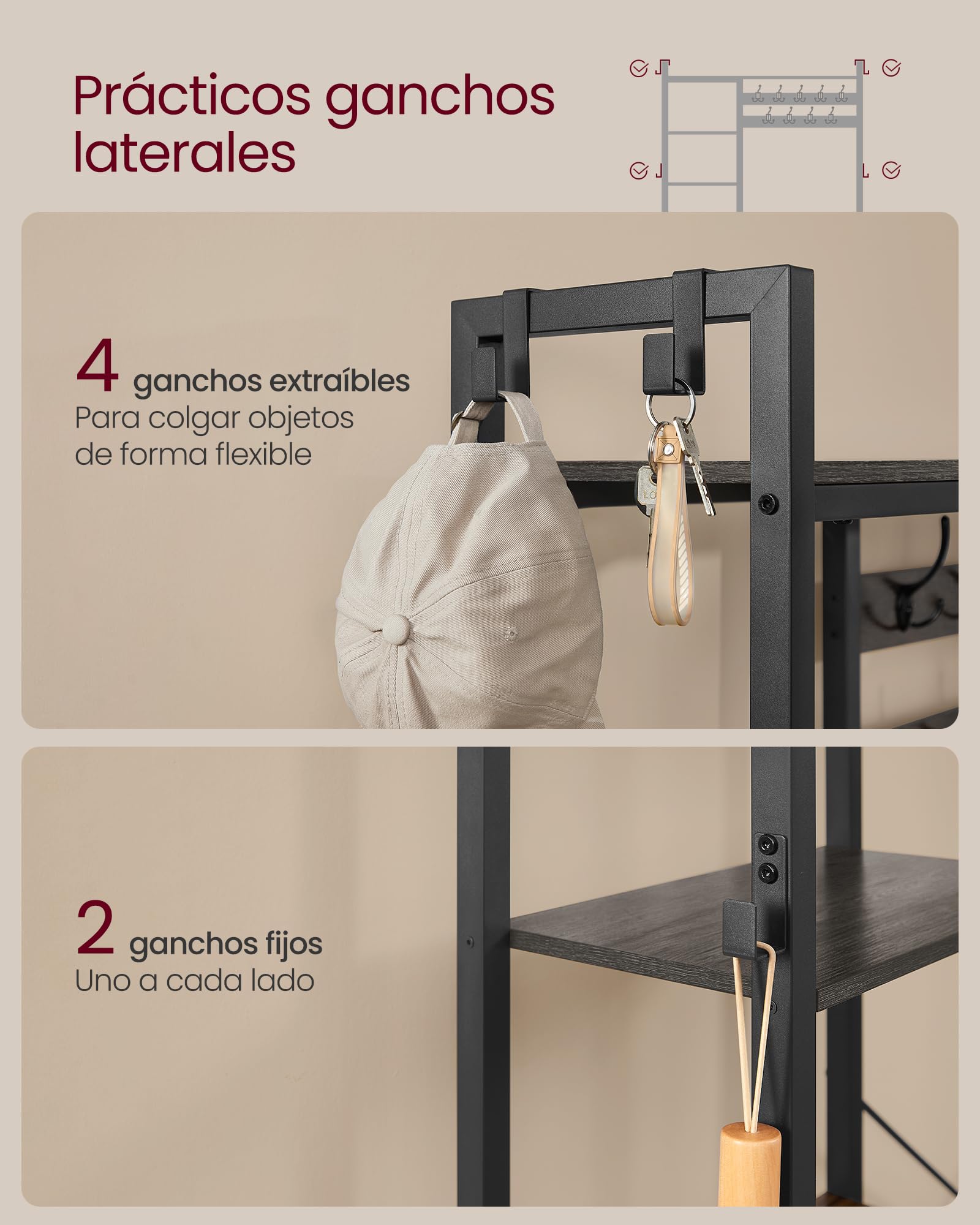 VASAGLE Perchero Recibidor con Banco Zapatero y 5 Estantes de Almacenaje, 9 Ganchos para Ropa y 6 Ganchos Laterales, 40 x 120 x 190 cm, Gris Piedra y Negro Tinta HSR426B04