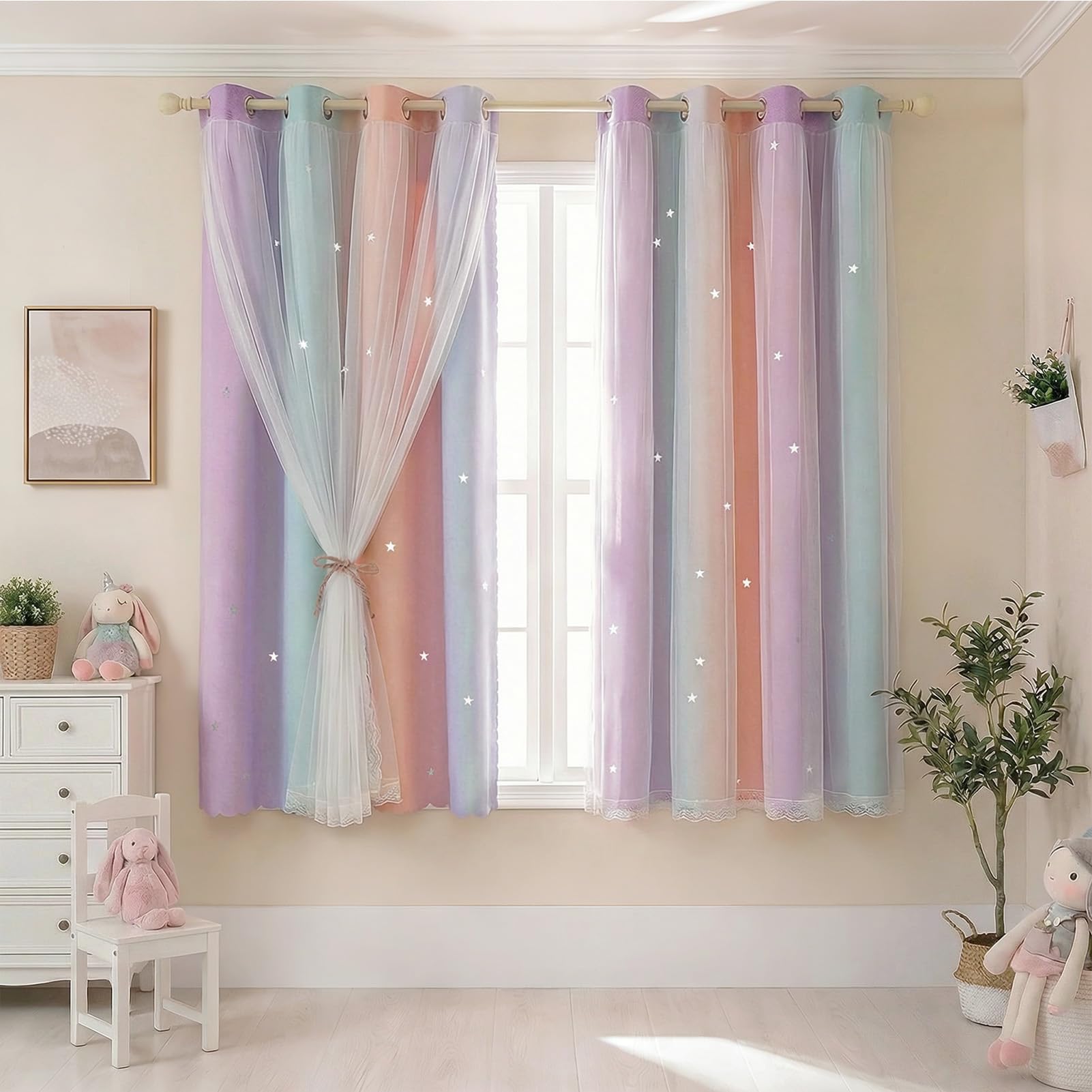 NAKIHOUSE Blackout Curtains with Net,2 Panels Eyelet Curtains for Kids Nursery Bedroom Living Room,52 x 54 Inch Thermal Insulated Curtain & Drapes,Pink Blue Purple