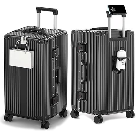 30in Aluminum Frame Hardside Spinner Wheels Luggage, Zipperless Checked Captain Suitcase with Cup Holder/Phone Holder