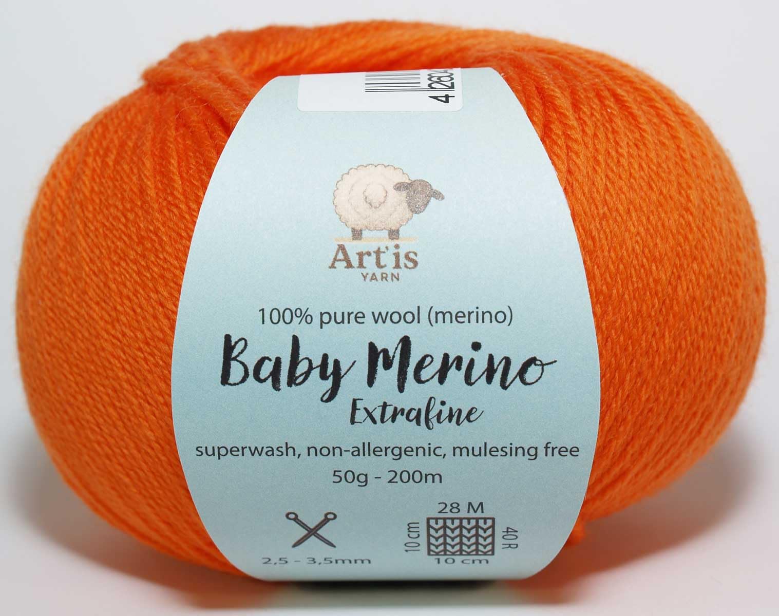 Baby Merino Extrafine Art'is Yarn 100% Wool Mulesing-Free & Superwash (50 g / 200 m) (23 Orange)
