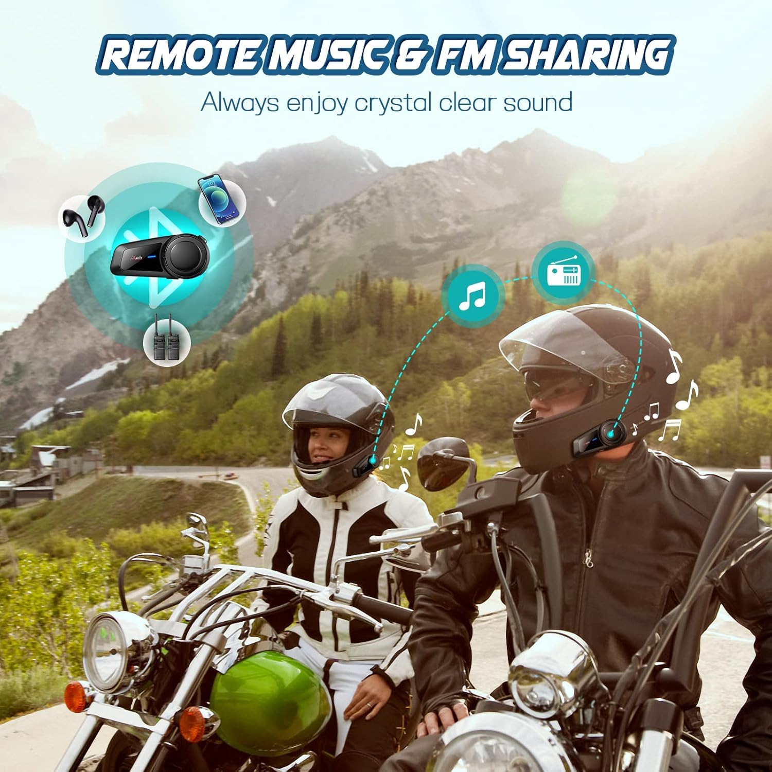 MAXTO Auriculares Bluetooth para Motocicleta, intercomunicador de 6-Way Grupos Bluetooth M2 1000M para Casco, emparejamiento Universal, Siri/FM,Impermeable Sistema de comunicación Moto.1paquete