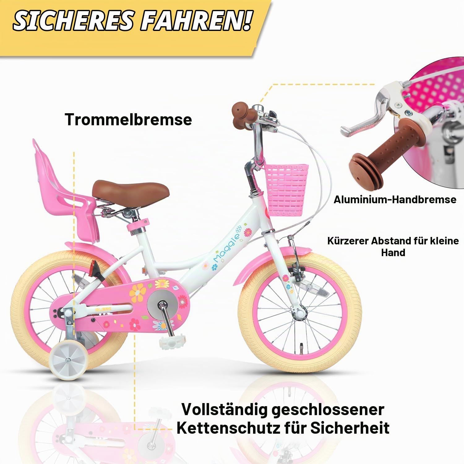 Glerc Maggie 14 Zoll Mädchen Fahrrad Alter 2 3 4 5 6 7 Jahre, Kinder und Kleinkinder Prinzessin Fahrrad Barbie Fahrräder mit Puppe-Sitz & Korb & Stützräder für Geschenk, Weiß
