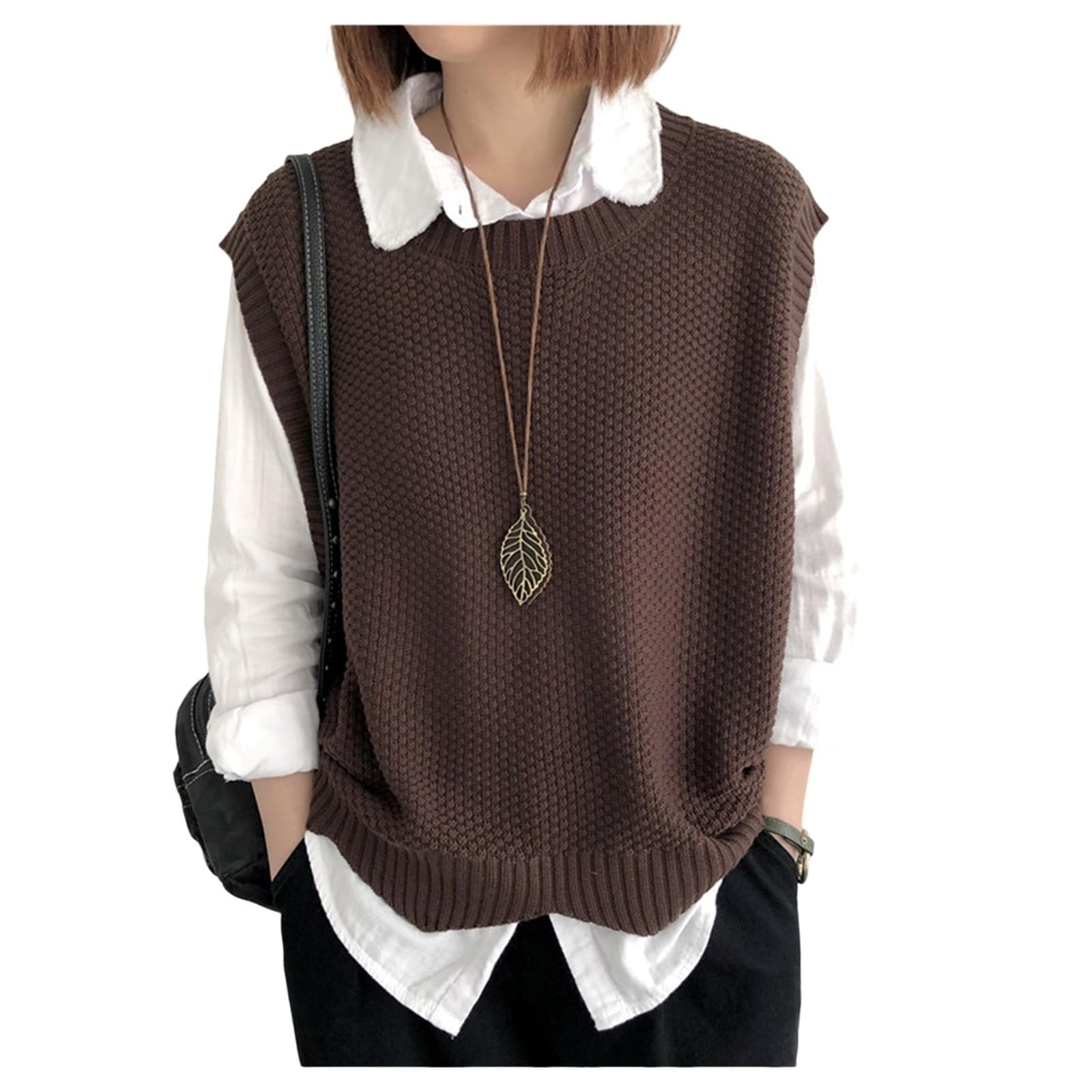 Women's Knitted Vest Knitwear Sweater Vest Knit Jumper Loose Round Neck Sleeveless Jumpers Tank Top (Color : Coffee, Size : M)
