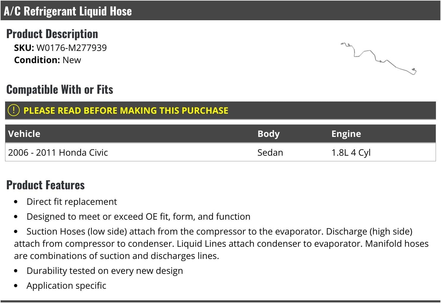 Marketplace Auto Parts A/C Liquid Hose - Compatible with 2006-2011 Honda Civic Sedan 1.8L 4-Cylinder