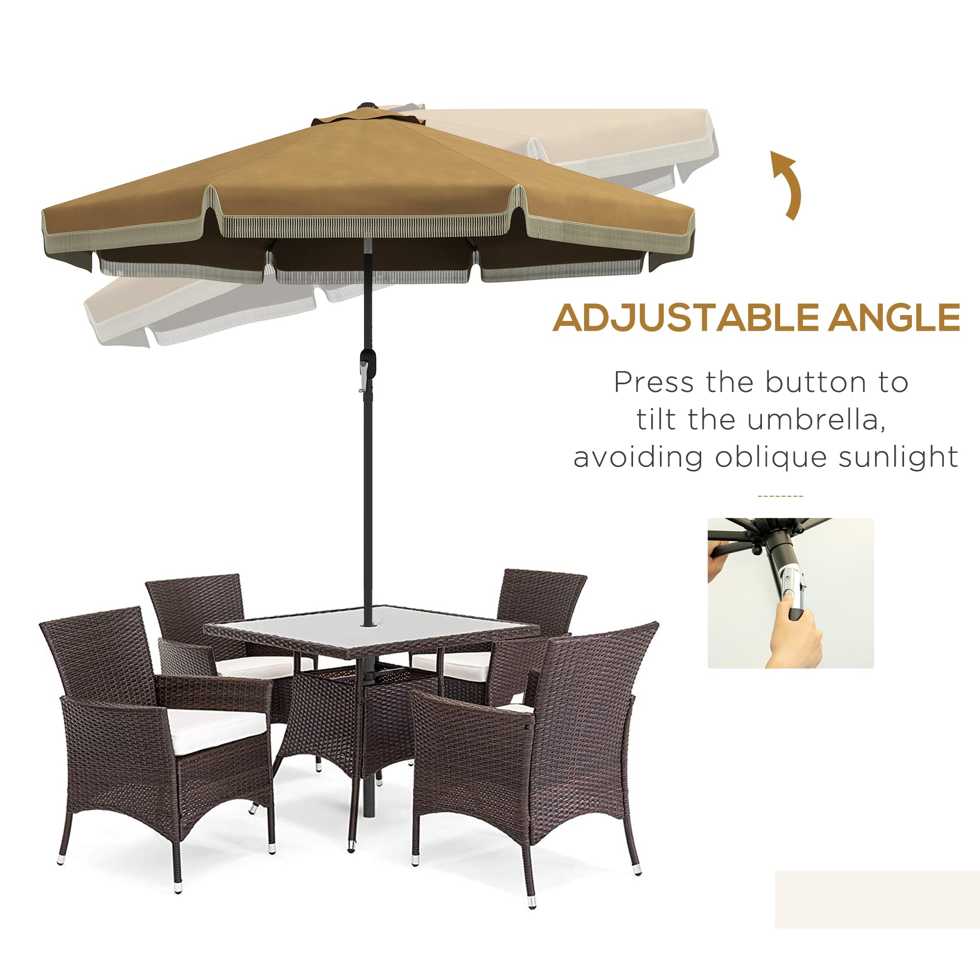 Outsunny Sonnenschirm mit Fransen neigbarer Strandschirm Ø265 cm Khaki