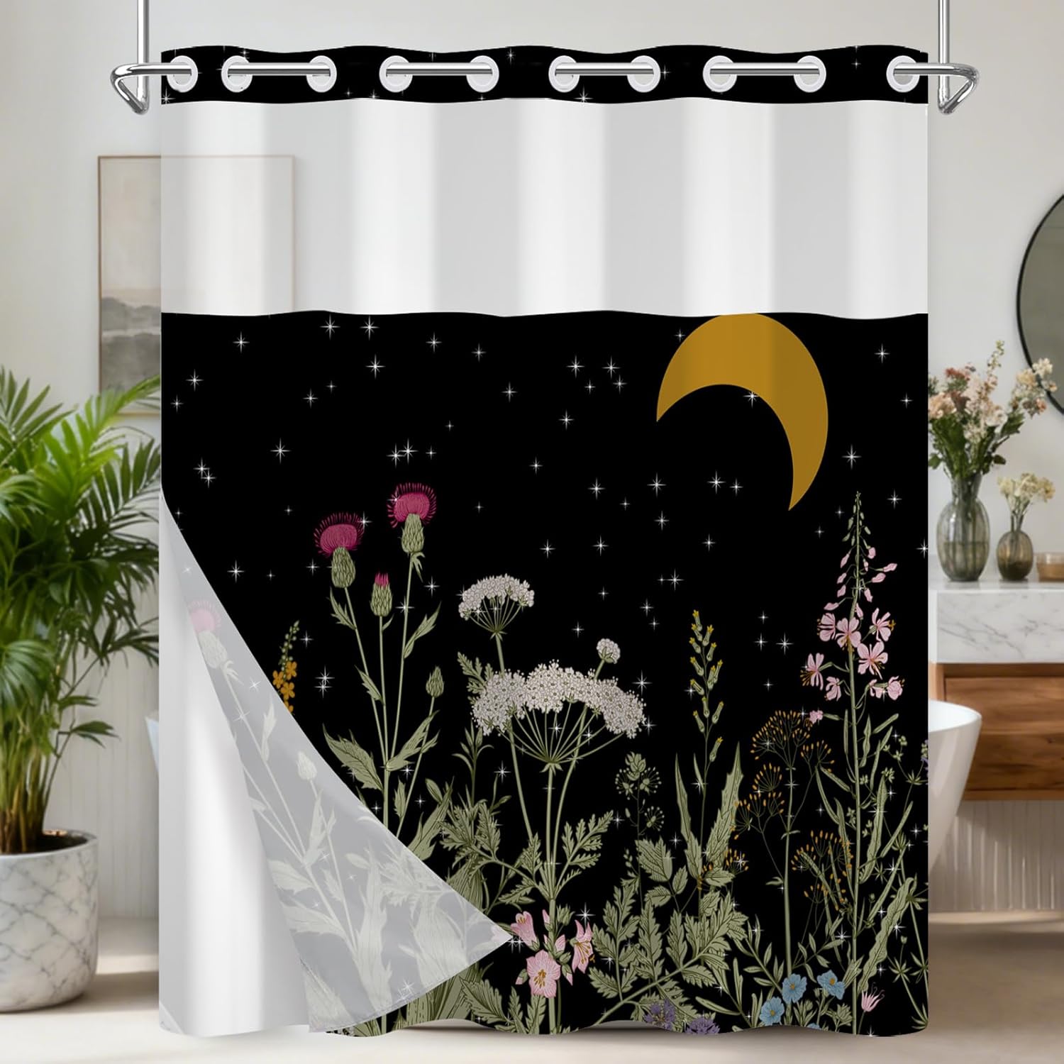 Vintage Black Shower Curtain with Waterproof Snap in Liner, Starry Night Forest Shower Curtain with Sheer Top Window, Aesthetic Retro Botanical Decorative Shower Curtains for Bathroom, 71x74 Inches