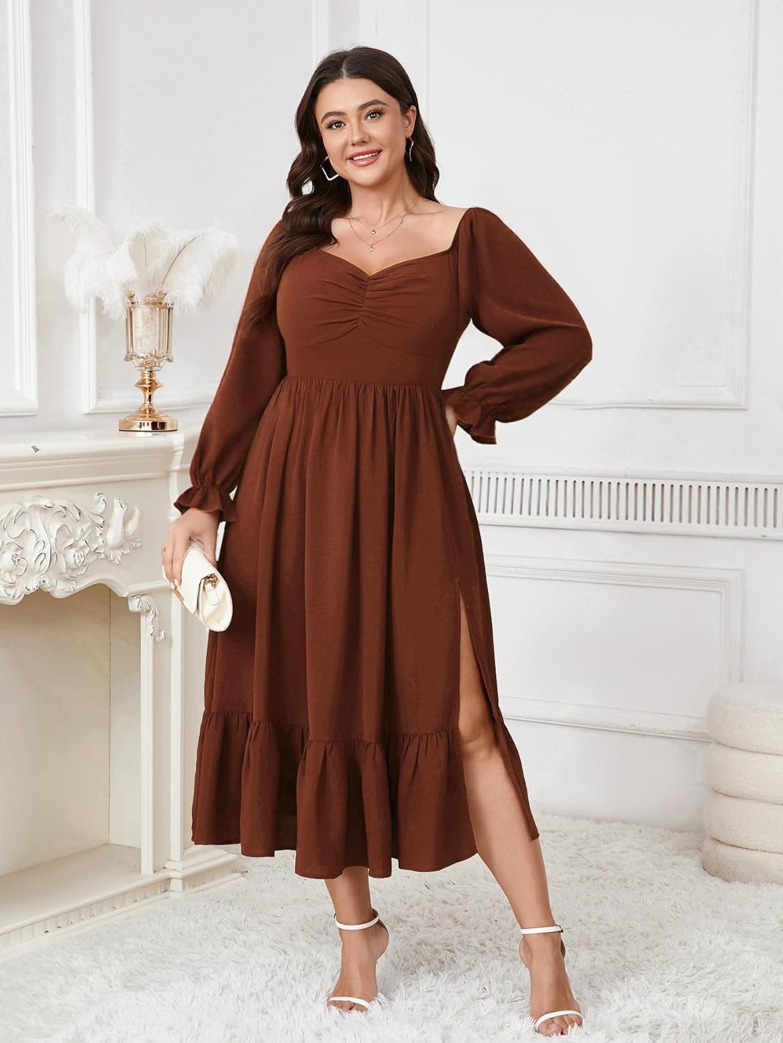 SCOMCHIC Womens Plus Size Wedding Guest Cocktail Dress Sweetheart Neckline Long Sleeve Smocked Ruffle Slit Maxi Dresses - Image 2