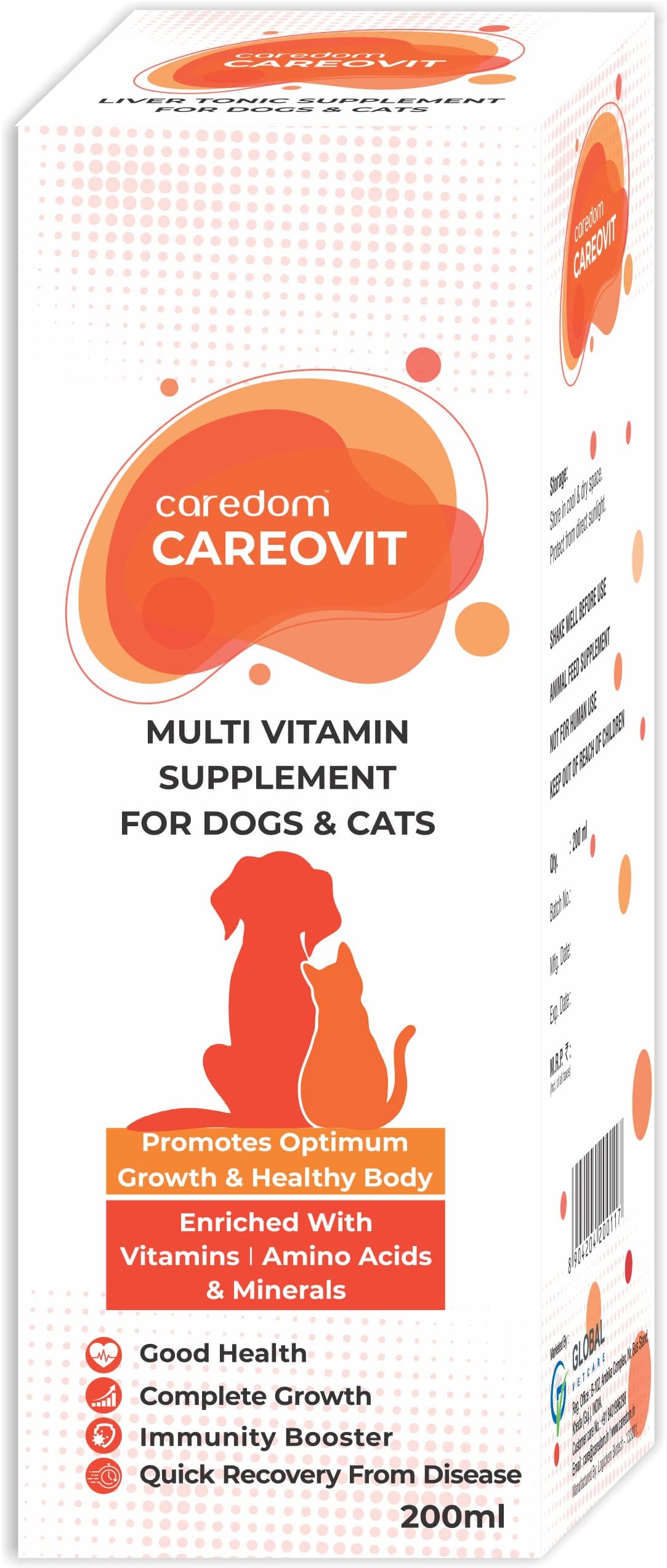 CAREOVIT Multivitamin For Dog & Cat Syrup | Immunity Booster Cat & Dog Multivitamin Syrup | Enriched with Vitamins Amino Acids & Minerals | Supports Growth Health Energy Coat & Digestion 200ml