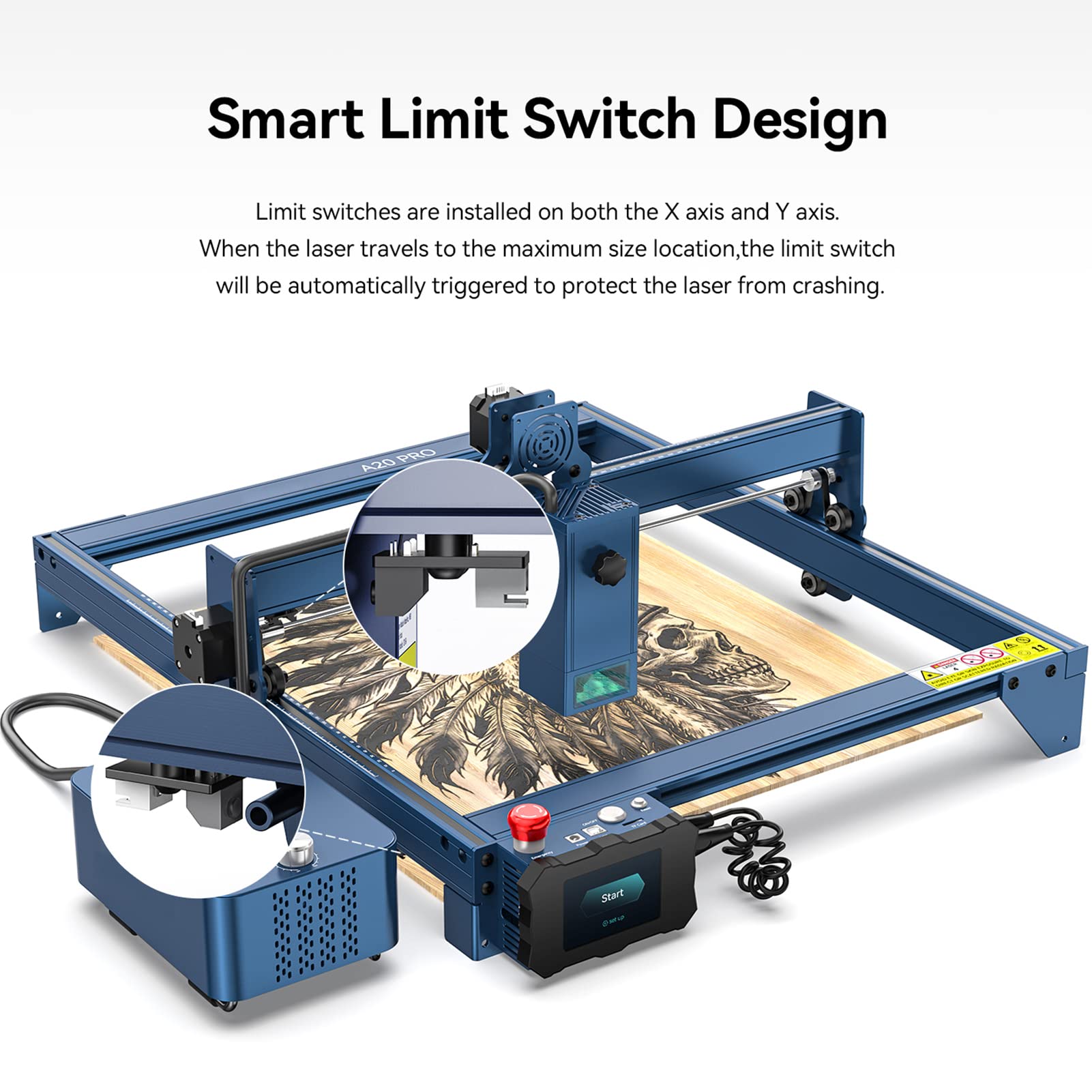 ATOMSTACK A 20Pro 20W Grabador láser de potencia con rodillo giratorio R3 Pro, máquina de grabado láser de 130 W, cortador láser de enfoque de 0,08 x 0,1 mm para madera contrachapada, acrílico, papel
