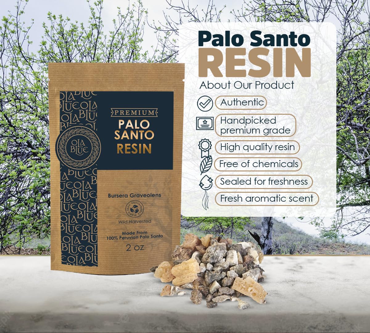OLA BLUE Palo Santo Resin - 2oz, 100% Natural & Sustainable, Premium Quality, Aromatherapy, Energy Cleansing, Spiritual Practices, Ethically Sourced