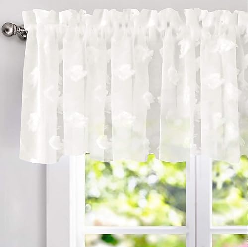 DriftAway Cenefa de cortina de cocina para ventanas de 18 pulgadas, cortinas de gasa transparente blanca para dormitorio, sala de estar, pompones