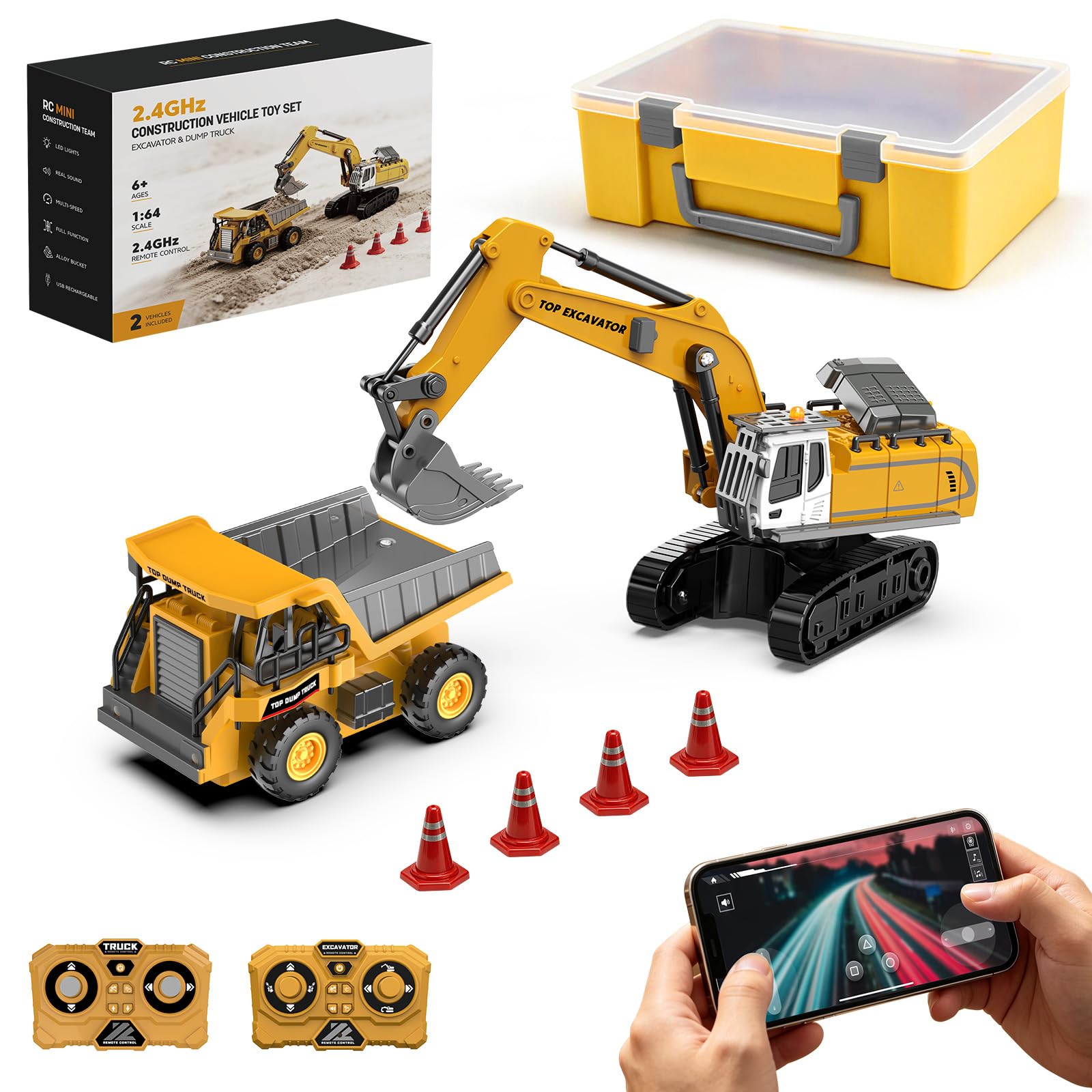 1/64 Alloy Mini RC Excavator & Dump Truck Toy Set, 2PCS RC Construction Vehicles with Sto…