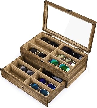 SRIWATANA 2-Layer Sunglasses Organizer with 12 Slots, Carbonized Black | Wood Sunglass Storage Box with Drawer, Multiple Eyeglasses Eyewear Display Case Holder, Clear Lid, Ideal Gift for Men Women