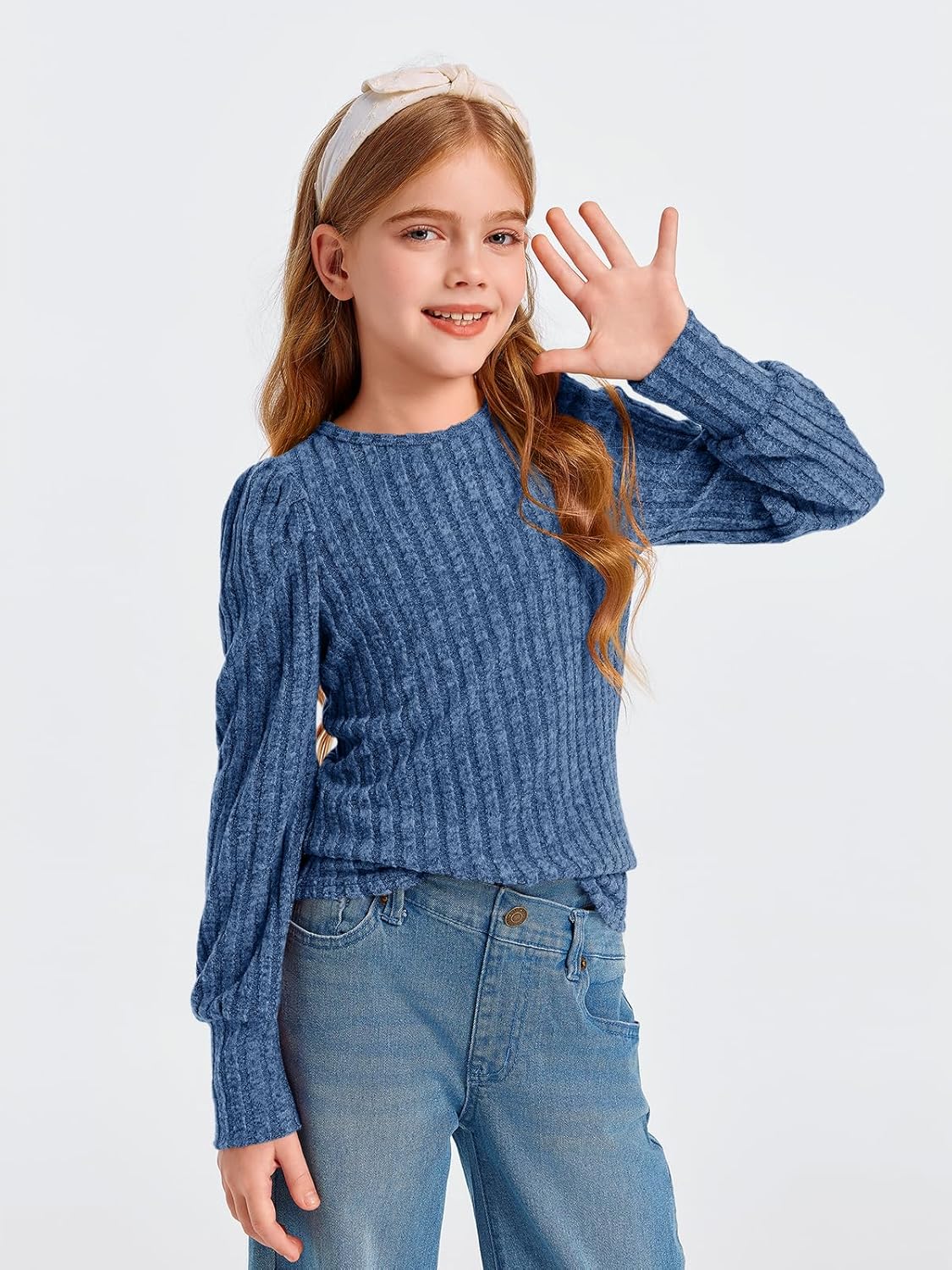 Haloumoning Girls Puff Long Sleeve Shirts Kids Fashion Ribbed Knit Tops Blouse 5-14 Years - Image 2