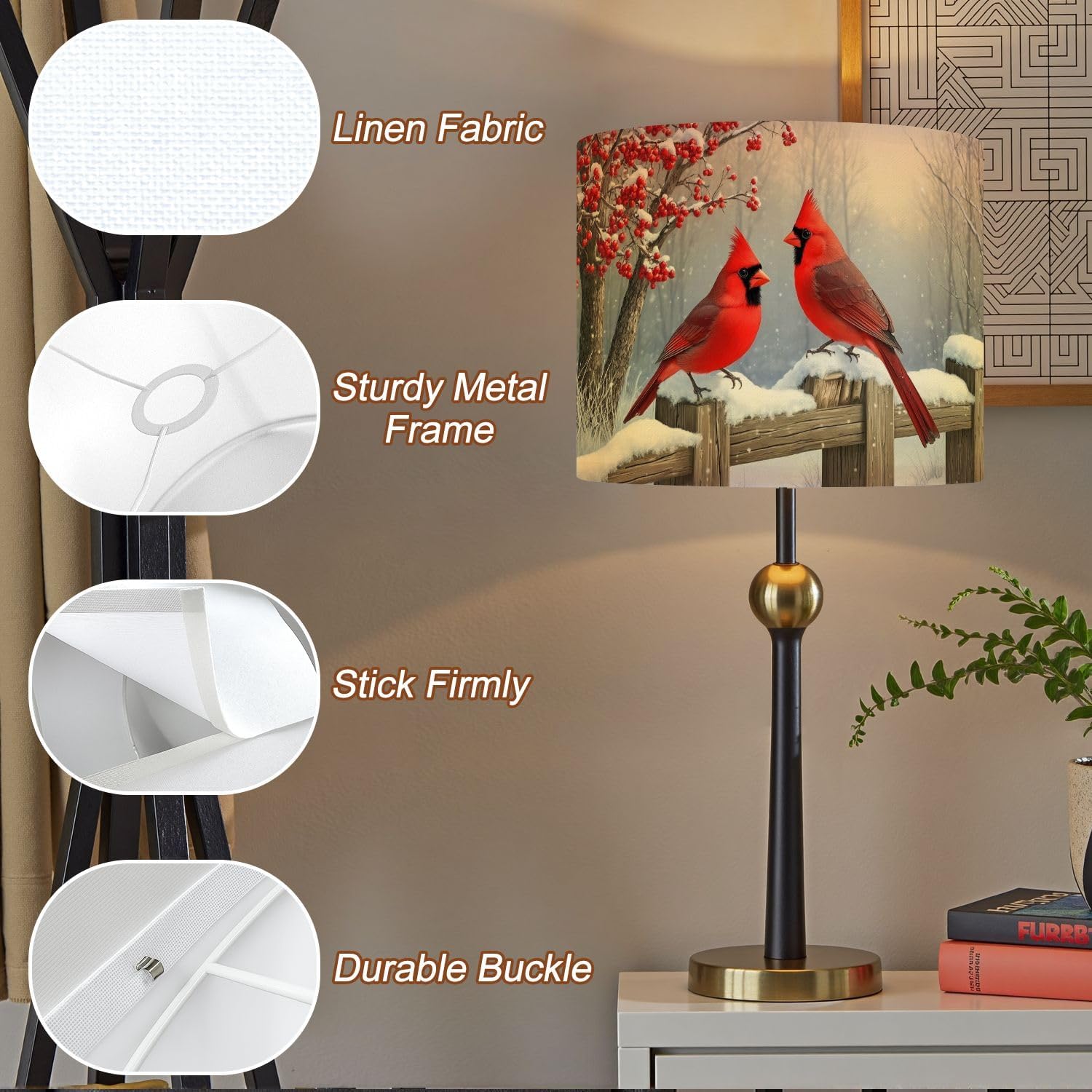 Lampshades Lamp Shades Boho 1 Pack Winter Snow Landscape Forest Cardinal Christmas Red Bird Light Shade for Table Lamps Floor Lamps Drum Lamp Shades Lampshade Replacement